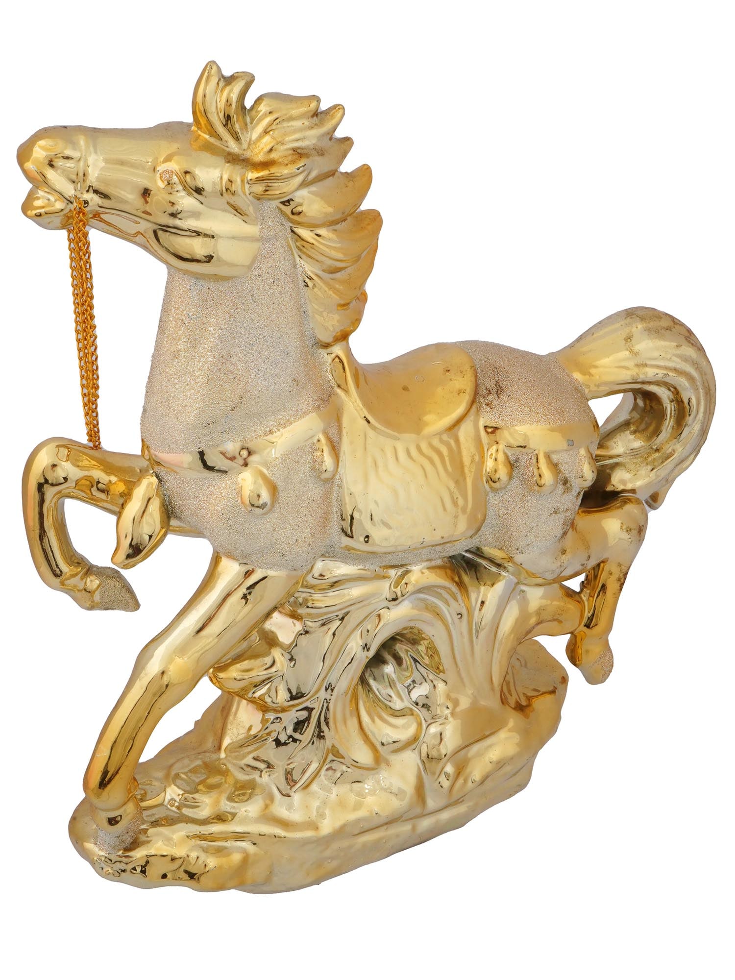 VINTAGE GILT PORCELAIN DECORATIVE HORSE FIGURINE: A vintage gilt porcelain decorative horse figurine. The horse figure is depicted saddled, running merrily with a bridle modeled as a chain in its mouth. The entire surface of the horse figure is gilde