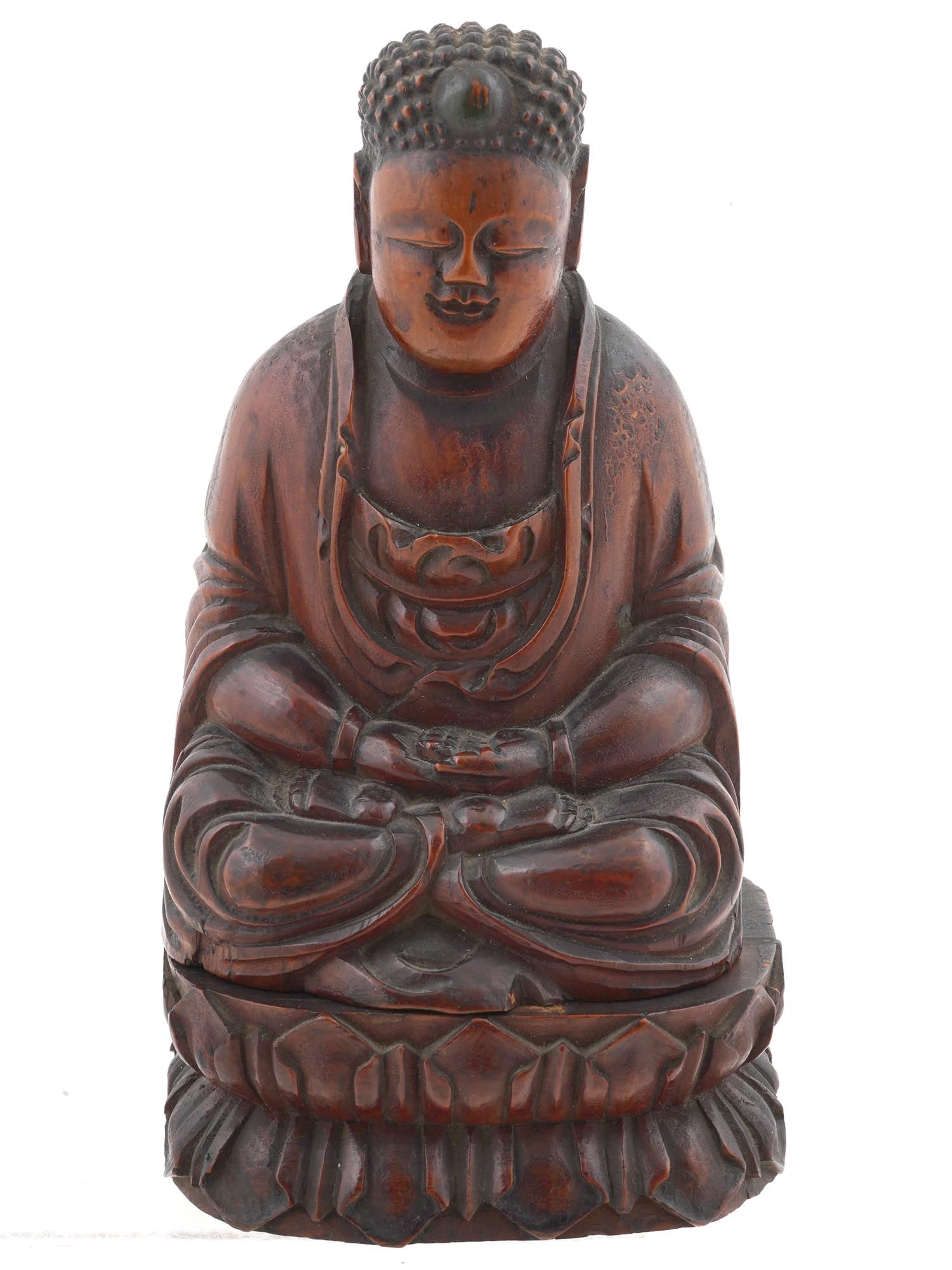ANTIQUE JAPANESE WOODEN BUDDHA FIGURINE W STAND: An antique Japanese wooden Buddha figurine. The skillfully crafted figurine of Buddha seated on a double lotus throne in the lotus position with the hands in lap. The figurine can be removed from the 