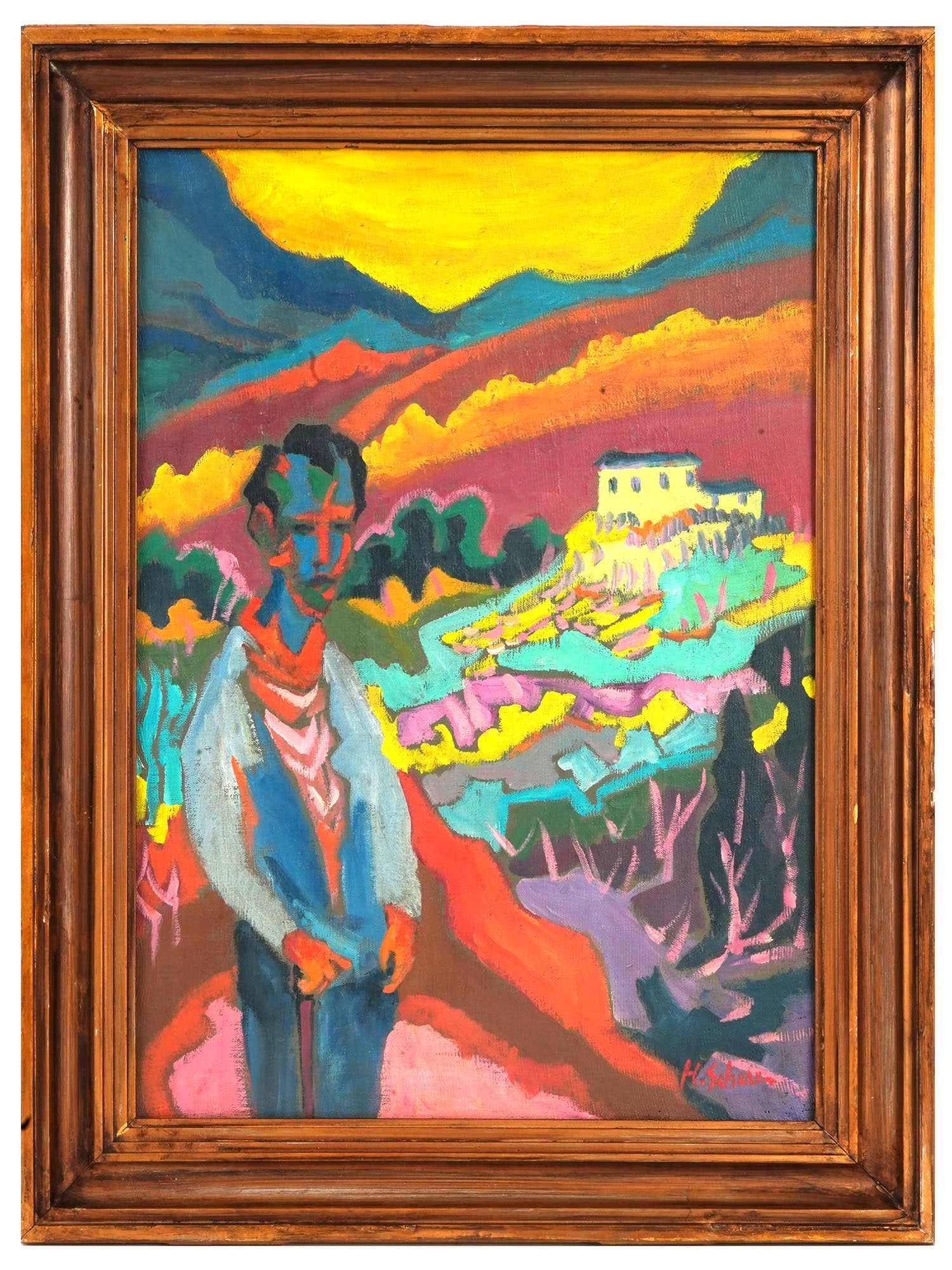 MANNER OF HERMANN SCHERER SWISS PORTRAIT PAINTING: Oil on canvas painting in the manner of Hermann Scherer, 1893 to 1927, a Swiss Expressionist artist, founder of the Rot-Blau art group. The artwork depicts a portrait of a young man against a rural la