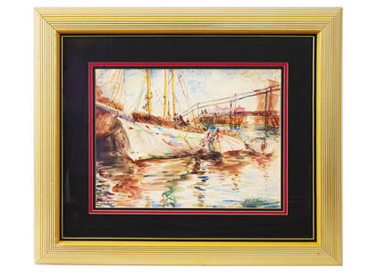 AMERICAN WATERCOLOR PAINTING SIGNED JOHN SARGENT: A watercolor painting on paper depicting a harbour scene with ships and boats. Signed lower right, John S. Sargent. Framed. John Sargent, American, 1856 to 1925, is known for Portrait, figure, landsca