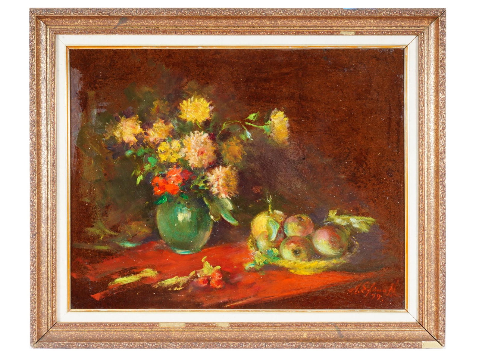 RUSSIAN STILL LIFE OIL PAINTING BY ANATOLE EFIMOFF: Anatole Efimoff, Russian, American, 1897 to 1981, an oil painting on board depicting a still life with flowers and fruits, 1979. Signed and dated, lower right. Framed. Anatole Alexandrovich Efimoff wa