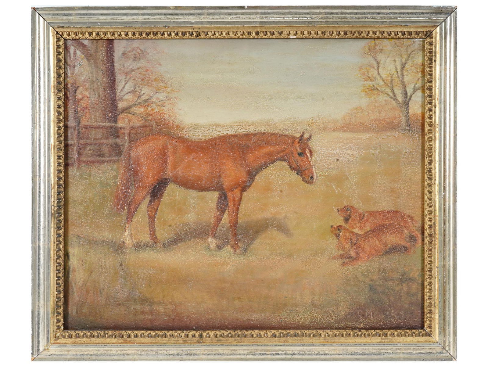 AMERICAN SCHOOL HORSE DOGS OIL PAINTING BY P MENZIES (1 of 4)
