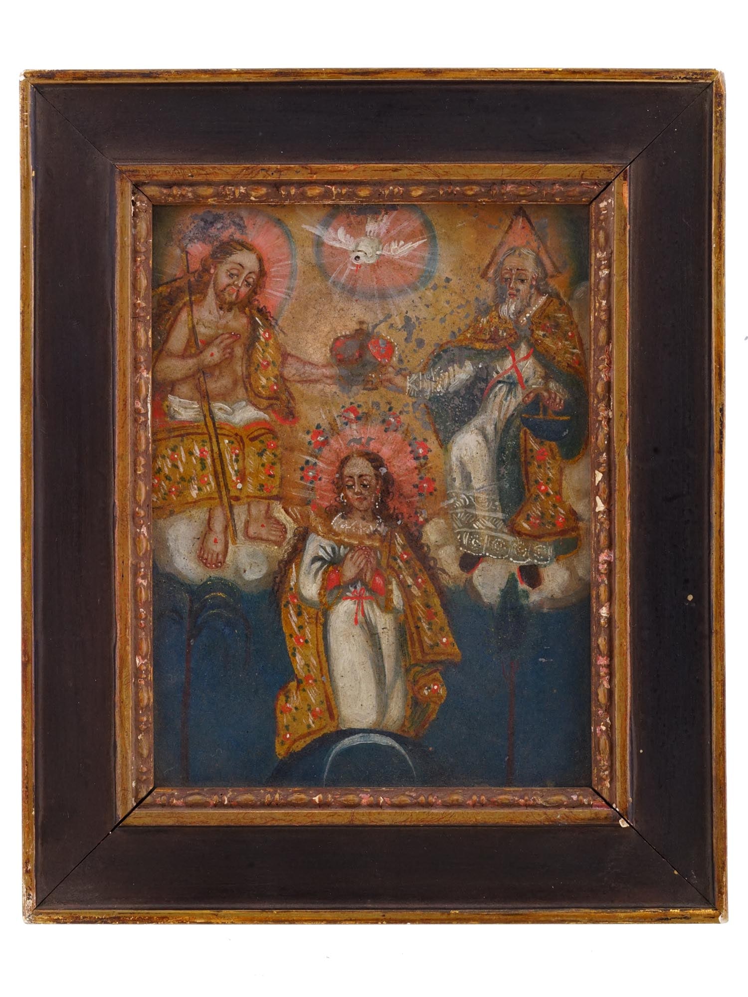 ANTIQUE SPANISH SCHOOL ICON PAINTING ON TIN: Oil on tin plaque icon painting. Spanish school, presumably colonial, late 18th to early 19th century. The icon depicts the Coronation of Virgin Mary by Jesus Christ, the God Father, and the Holy Spir