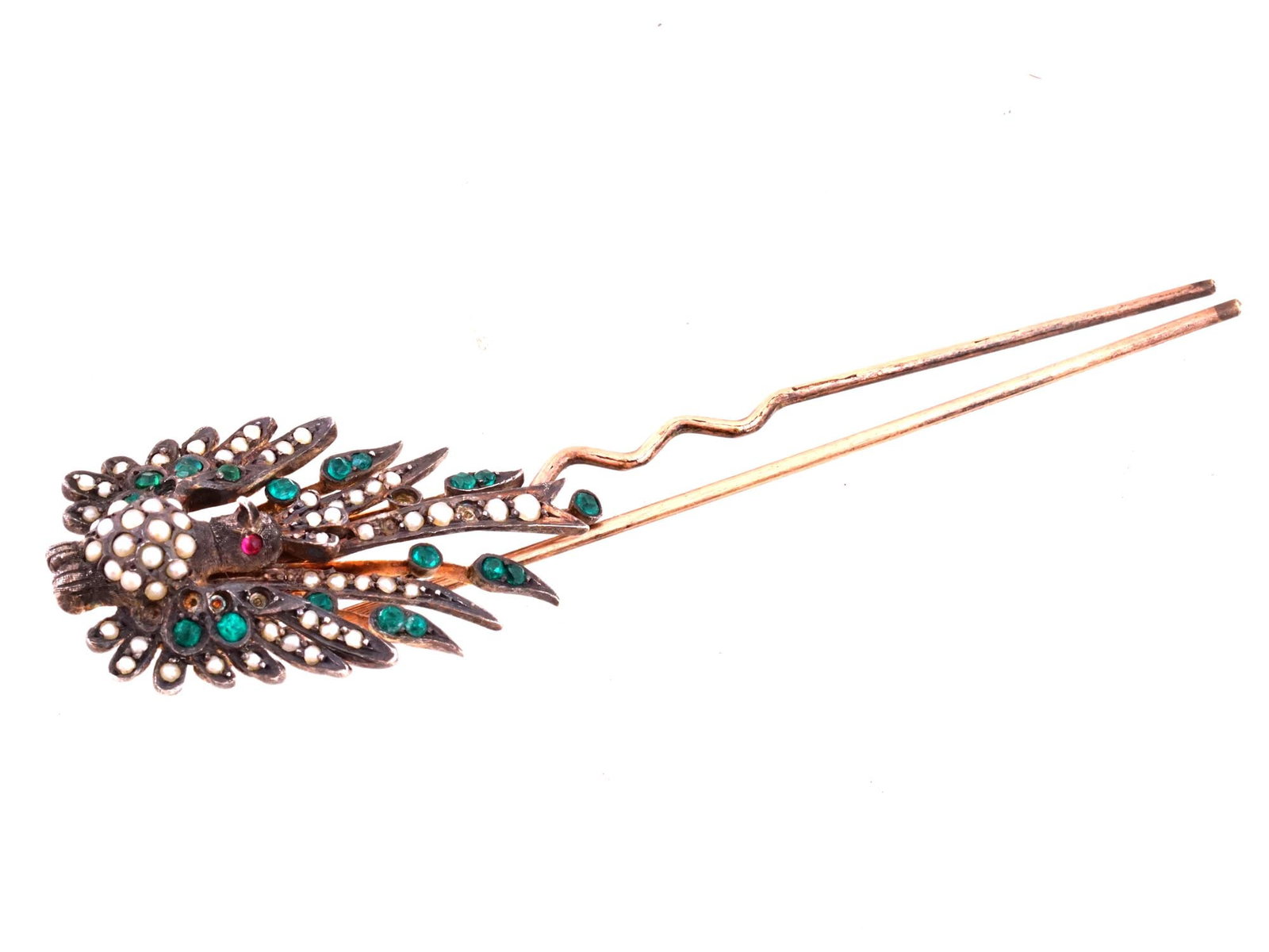 ANTIQUE SILVER GOLD SEED PEARLS CZECH GLASS HAIR PIN: An antique late 19th-century hair pin made of silver and low grade gold. Figurative peacock design, the piece is embellished with seed pearls and polychrome hand-cut Czech glass stones. Unmarked. Tota