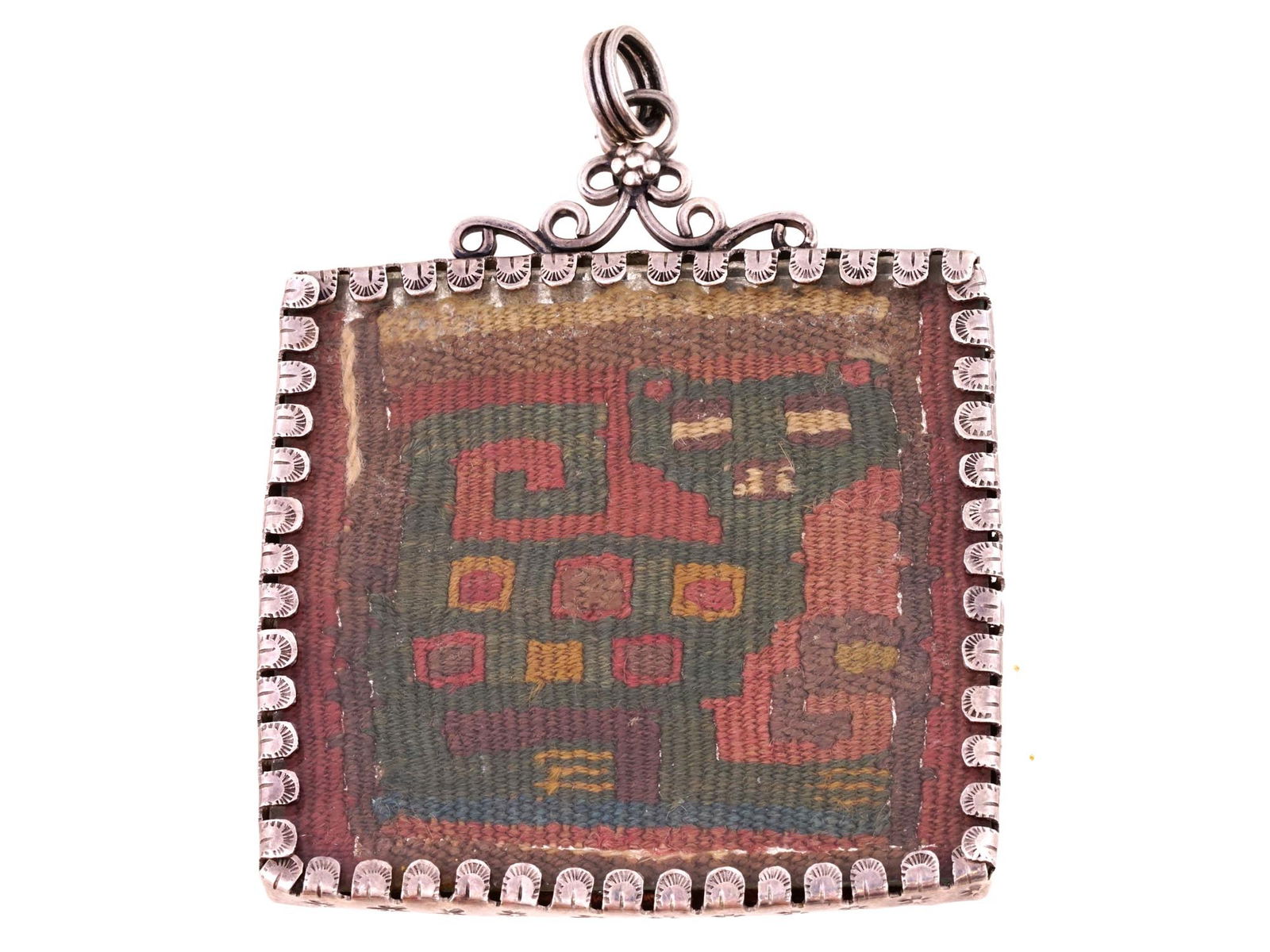 PERUVIAN CHANCAY TEXTILE PENDANT WITH SILVER MOUNT (1 of 8)