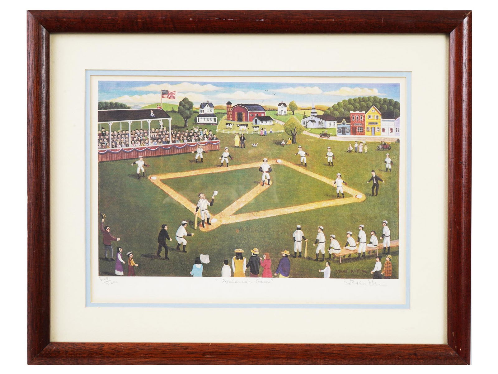 AMERICAN GAME LITHOGRAPH BY STEVEN KLEIN SIGNED: Steven Klein, American, born 1965, color lithograph on paper, Americas Game, depicting a group of people playing baseball. A full stand is seen to the left with children climbing on the roof holding a