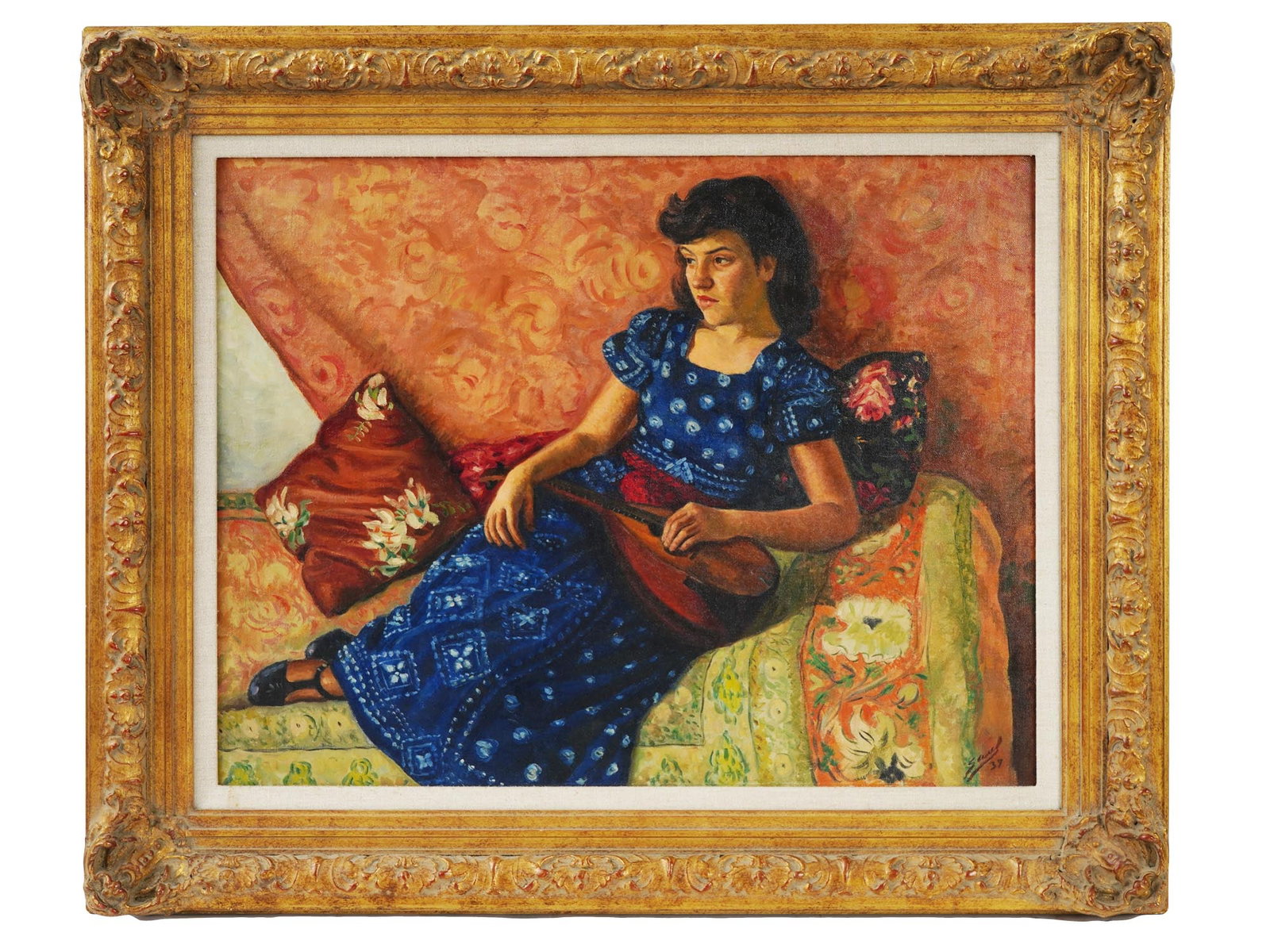 AMERICAN FEMALE PORTRAIT PAINTING BY SAUL KOVNER: Oil on canvas painting by Saul Kovner, 1904 to 1981, a Russian-born American artist, member of the WPA Federal Art Project. The artwork depicts a young woman with mandolin sitting on a couch. Titled G