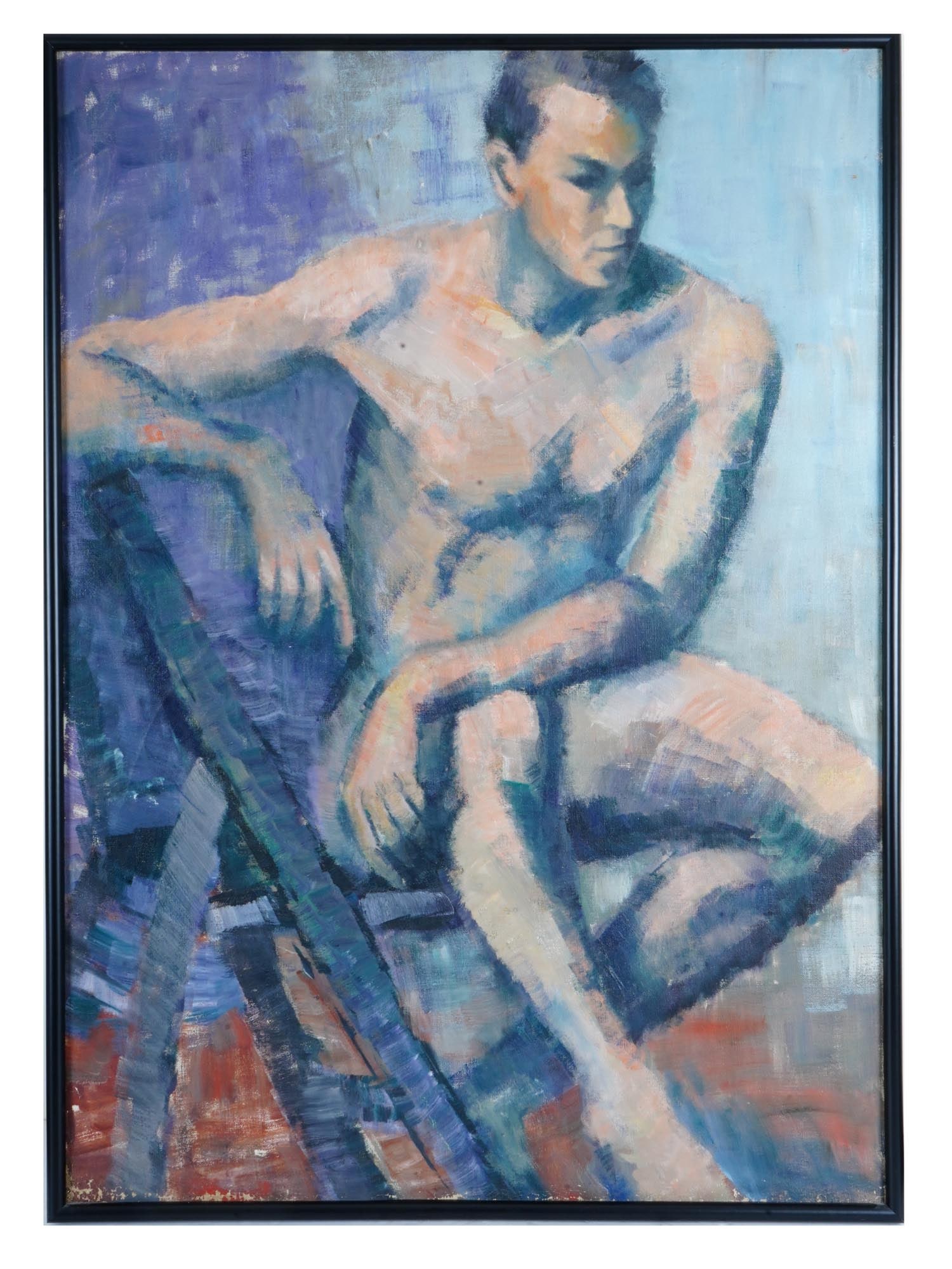 AMERICAN MALE NUDE OIL PAINTING BY BERNARD EPSTEIN: Oil on canvas painting by Bernard Epstein, 1910 to 2003, an American Expressionist artist of Jewish descent. The artwork depicts a nude male model sitting on a chair. Signed by the artist on the backs