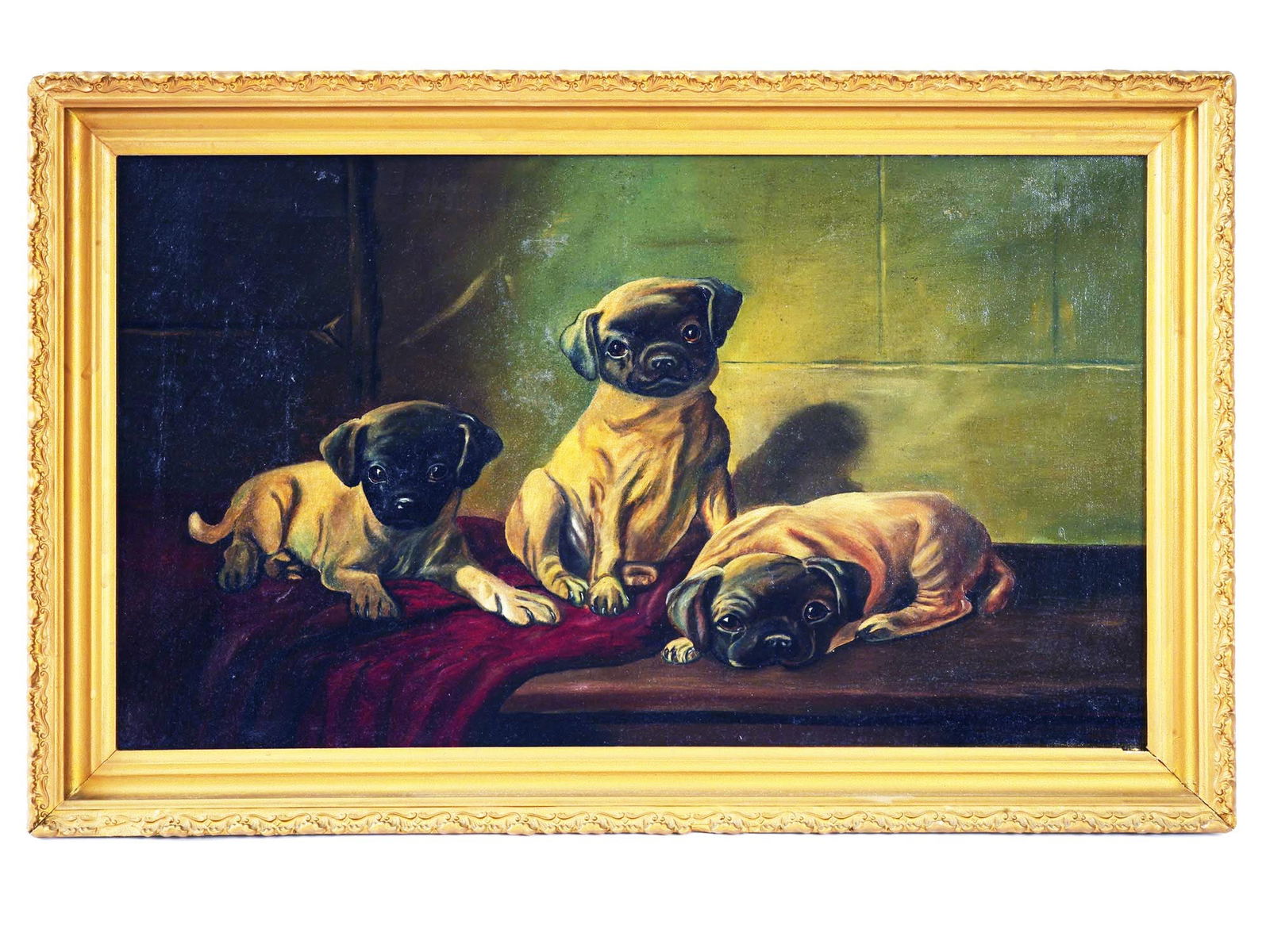 ANTIQUE 19TH C OIL ON CANVAS PAINTING OF PUPPIES (1 of 4)