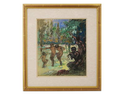 FRENCH PAINTING BY KER XAVIER ROUSSEL DANCE SCENE: Ker-Xavier Roussel, French, 1867 to 1944, a gouache and pastel painting on paper depicting an allegorical dance scene. Signed lower right by the artist. Matted and framed. Ker-Xavier Roussel was a pai