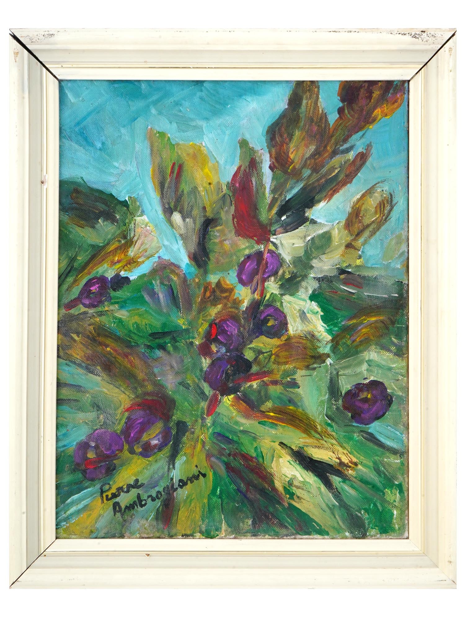 PIERRE AMBROGIANI FRENCH EXPRESSIONIST OIL PAINTING: Pierre Lucien Ambrogiani, French, Italian, 1907 to 1985, oil painting on canvas depicting a composition with flowers in expressionist style. Signed lower left. Framed by a wooden white frame. Pierre A