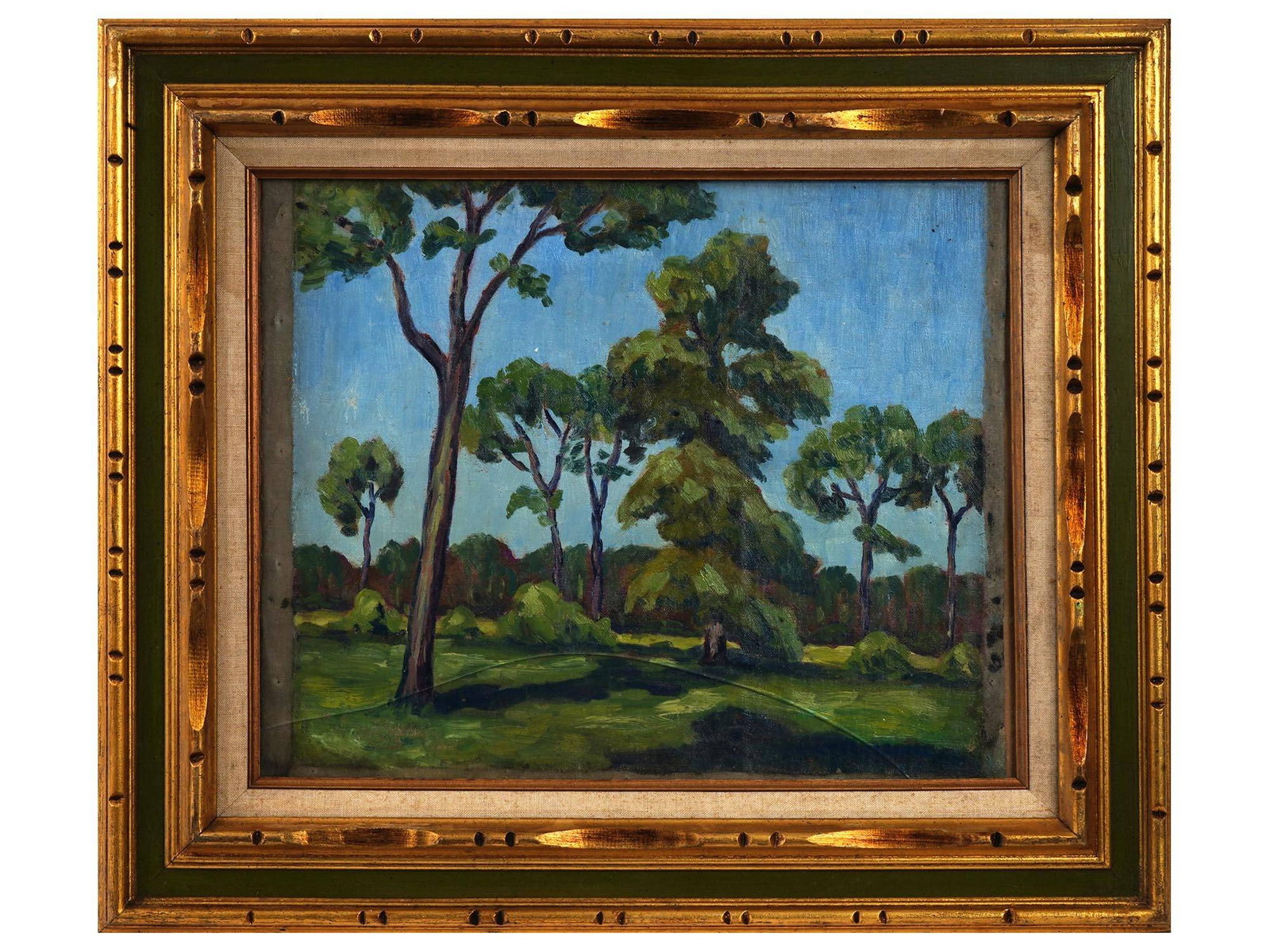 ATTR TO FRANK SHIRLEY PANABAKER CANADIAN OIL PAINTING: Frank Shirley Panabaker, Canadian, 1904 to 1992, oil painting on canvas depicting a forest landscape. Inscribed on the backside. Framed. Frank Shirley Panabaker was a Canadian landscape painter. His w