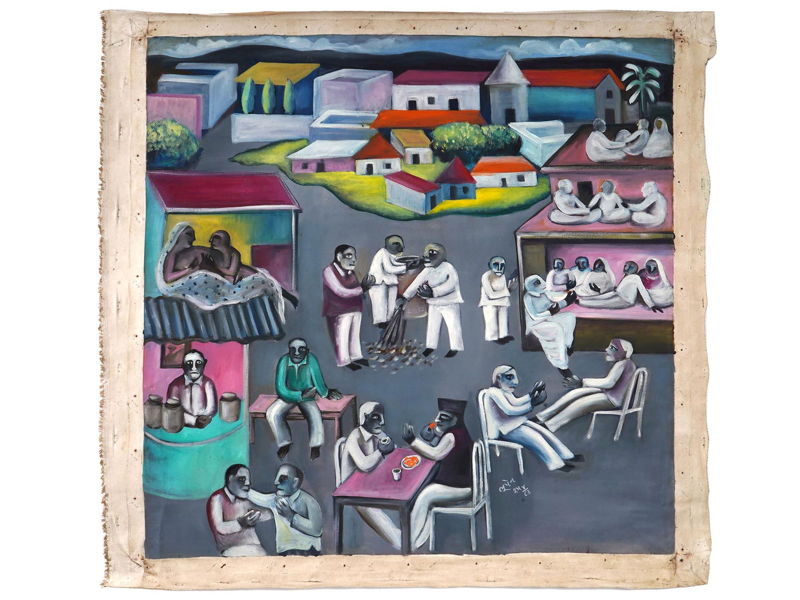 ATTRIBUTED TO BHUPEN KHAKKAR INDIAN OIL PAINTING: Attributed to Bhupen Khakar, Indian, 1934 to 2003, oil painting on canvas depicting a genre scene in a townscape. Signed and probably dated, lower right. Bhupen Khakhar was an Indian artist. He was a