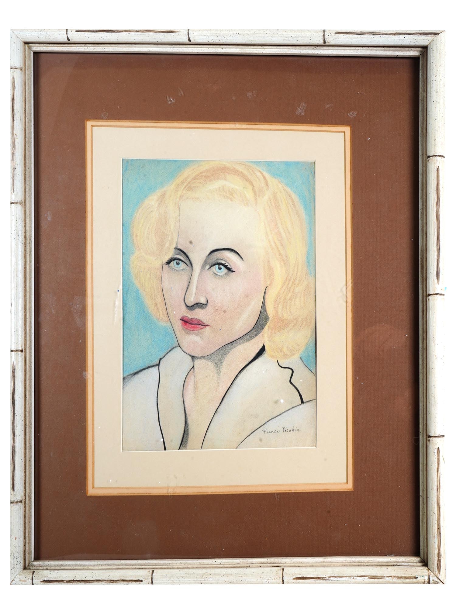 ATTR TO FRANCIS PICABIA PORTRAIT PASTEL PAINTING: Pastel and ink on paper painting, attributed to Francis Picabia, 1879 to 1953, a French artist and writer associated with the Dada movement. The artwork represents a portrait of a blonde woman, presum