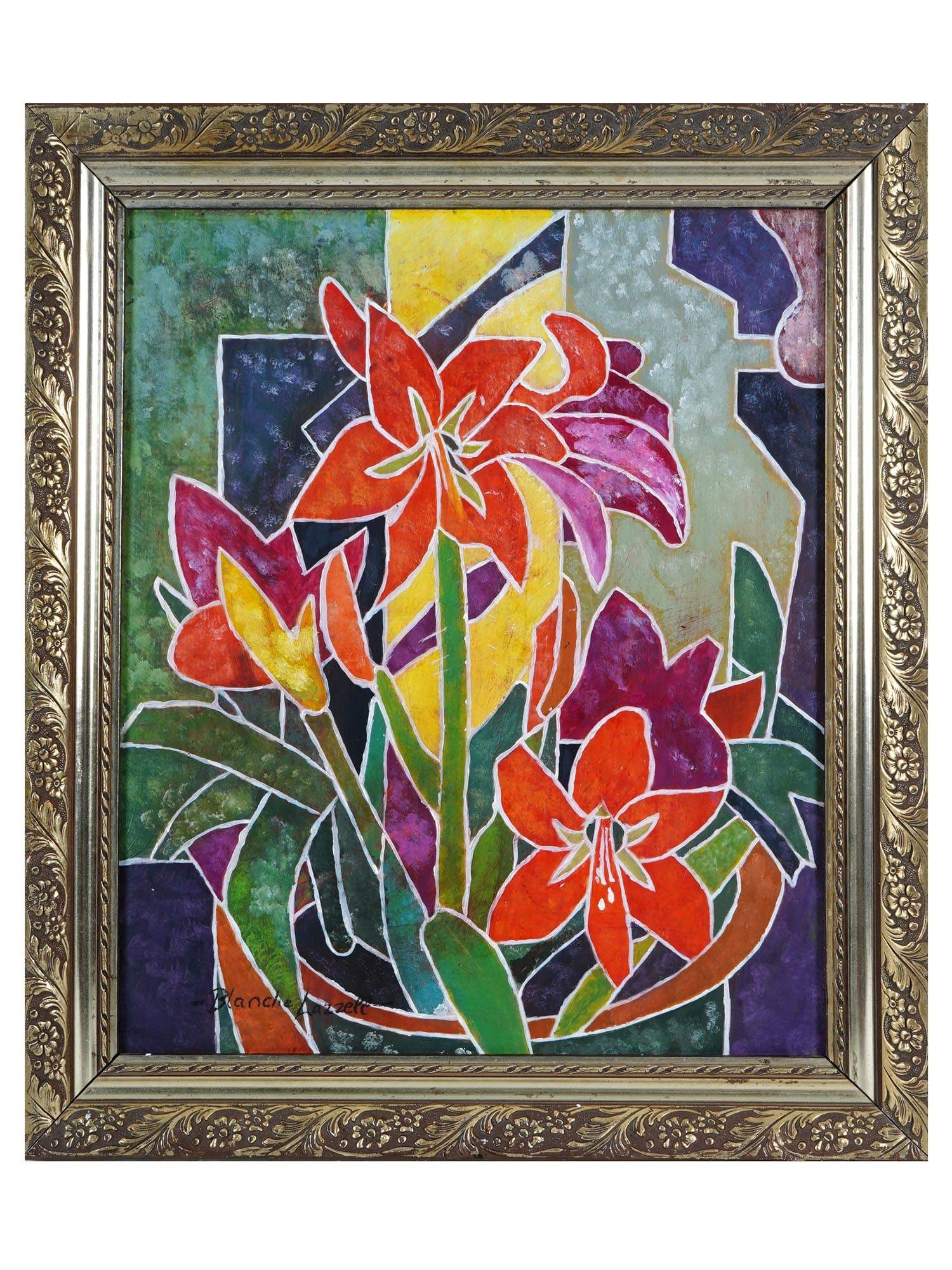 AFTER BLANCHE LAZZELL AMERICAN STILL LIFE PAINTING: Oil on board painting, after the 1930 woodcut print titled Amarylis by Blanche Lazzell, 1878 to 1956, an American Modernist artist and designer, founding member of the Provincetown Printers. The artwo