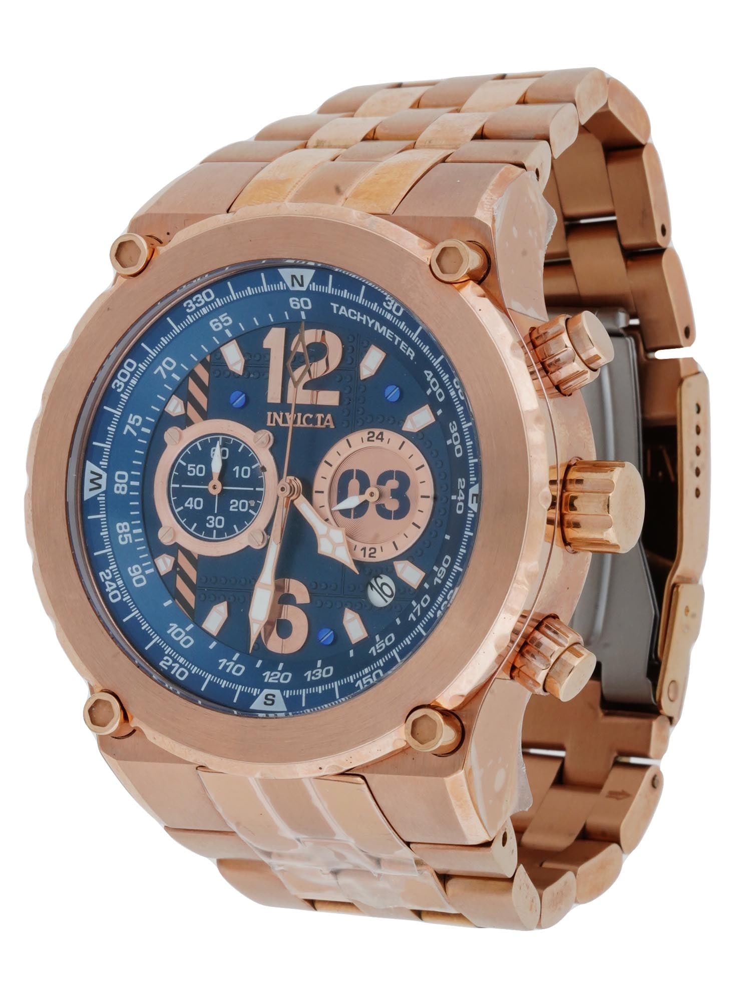 INVICTA AVIATOR AUTOMATIC CHRONOGRAPH WRISTWATCH: A vintage gold tone stainless steel automatic chronograph wristwatch by Invicta. Aviator collection, model 31596. Water resistant. Round case, brushed bezel, three crowns. Blue dial with Arabic numera