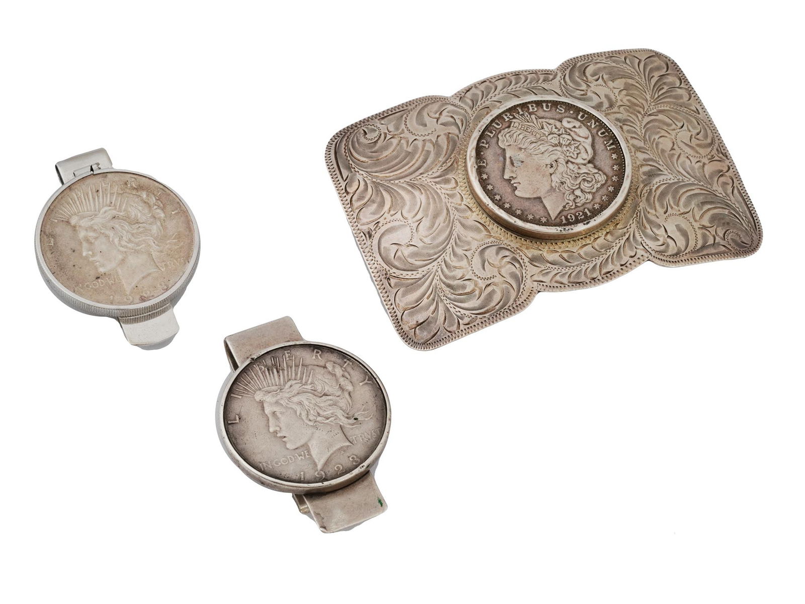 US LIBERTY DOLLAR COIN SILVER BUCKLE AND MONEY CLIPS (1 of 9)