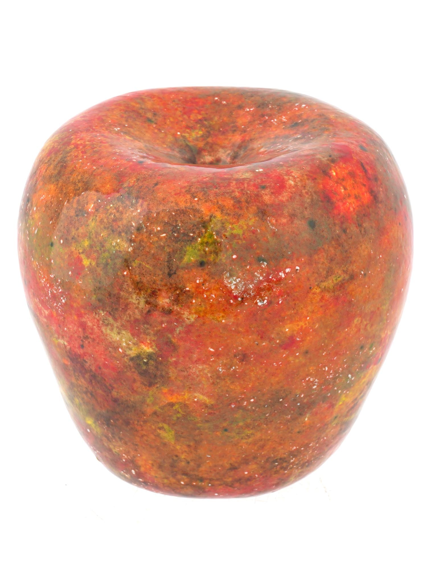 FRENCH APPLE GLAZE CERAMIC SCULPTURE BY HANS HEDBERG: A glazed ceramic sculpture by Hans Hedberg, 1917 to 2007, a Swedish French sculptor. The artwork represents an apple, covered with glaze in red, green and yellow shades. Signed by the artist on the bo