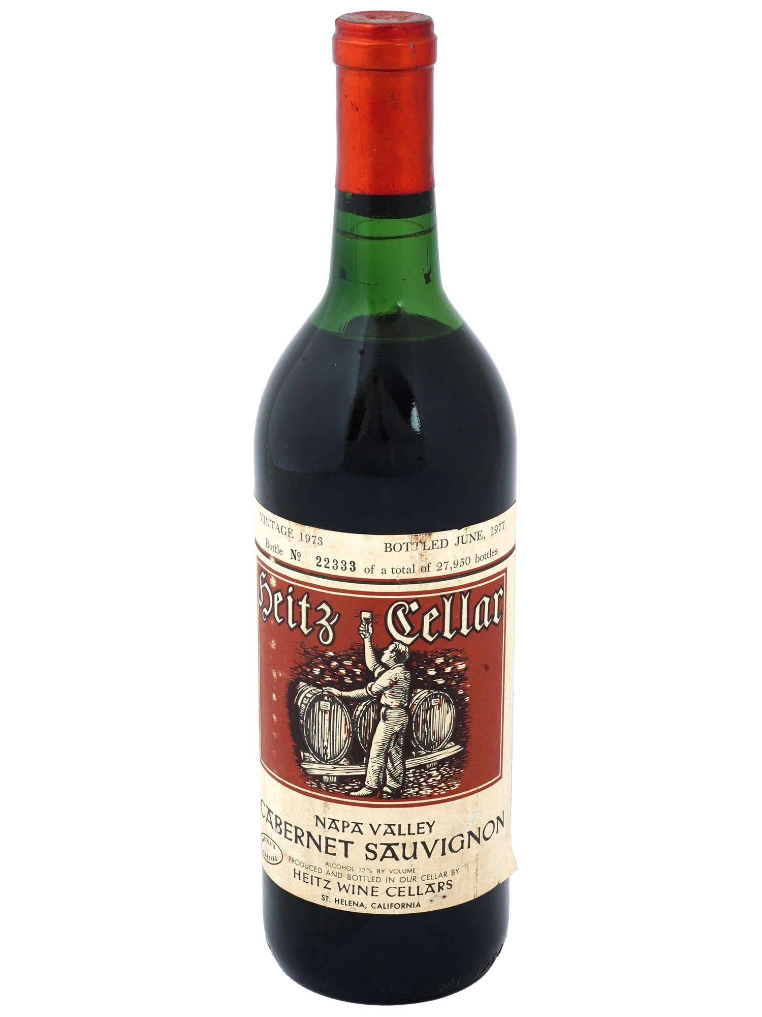 1977 HEITZ CELLAR CABERNET SAUVIGNON WINE BOTTLE: Heitz Cellar, Napa Valley Cabernet Sauvignon red wine bottle. Vintage 1973, bottled in 1977. Bottle no. 22333 out of 27950. Unopened, untested. Collectible Alcohol Wine Spirits Liquor. Dimensions: NA