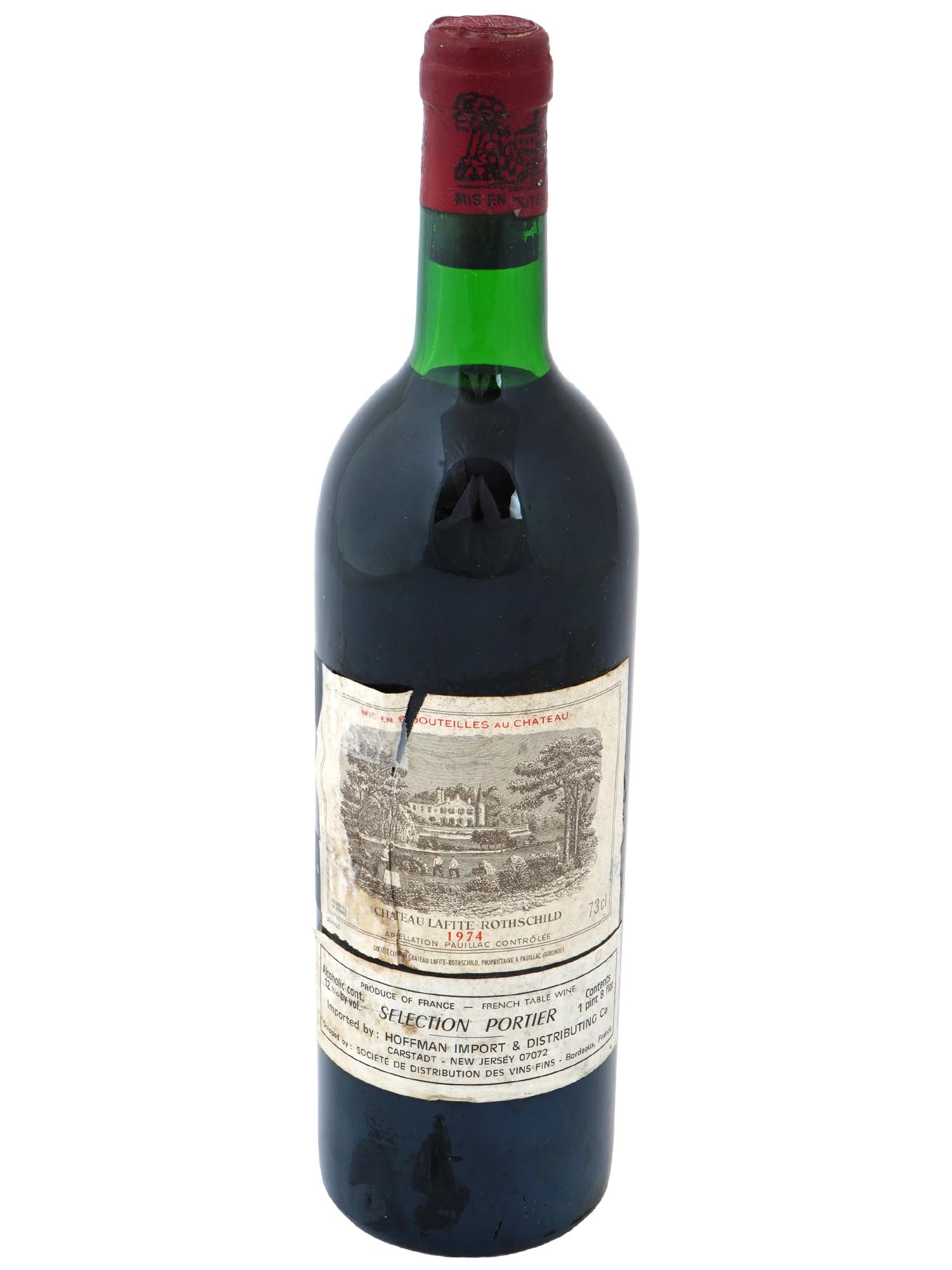 1974 CHATEAU LAFITE ROTHSCHILD RED WINE BOTTLE: Chateau Lafite-Rothschild red wine bottle. Apellation Pauillac, France. Medoc wine. Bottled in 1974. Unopened, untested. Collectible Alcohol Wine Spirits Liquor. Dimensions: NA