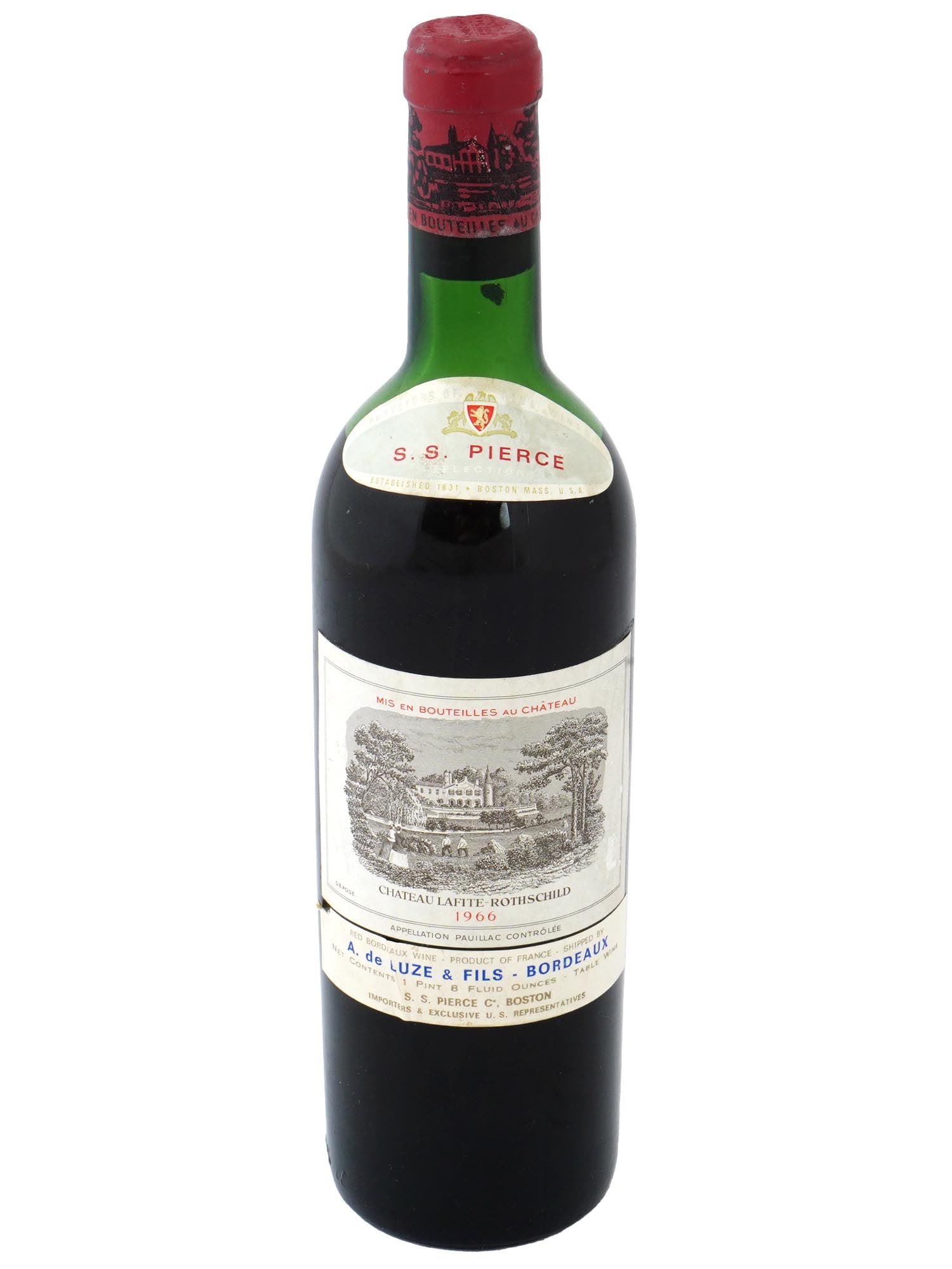 1966 CHATEAU LAFITE ROTHSCHILD RED WINE BOTTLE: Chateau Lafite-Rothschild red wine bottle. Apellation Pauillac, France. Medoc wine. Bottled in 1966. Unopened, untested. Collectible Alcohol Wine Spirits Liquor. Dimensions: NA