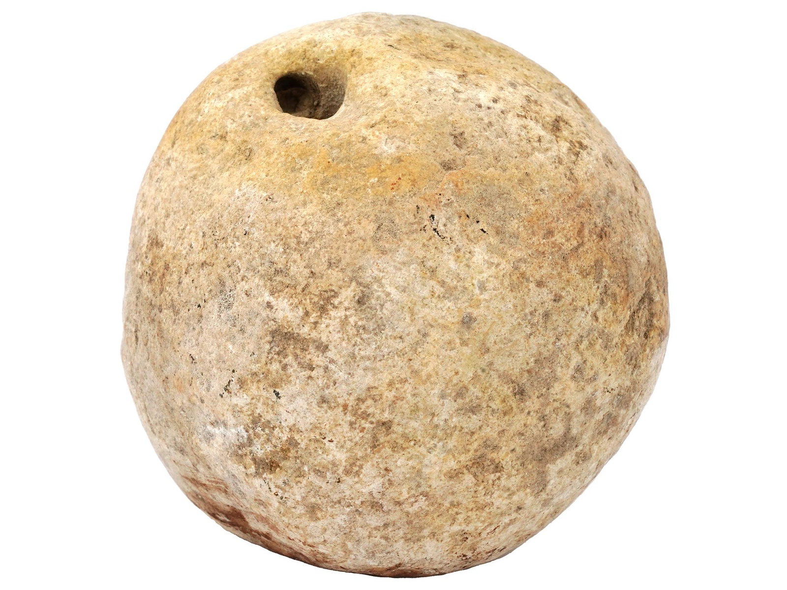 ANCIENT PREHISTORIC CARVED STONE MA?E HEAD SCULPTURE: An ancient carved stone ma?e head, a sculptural fragment dating back to the 1st millennium. A mace is a blunt weapon, a type of club or virge that uses a heavy head on the end of a handle to deliver p