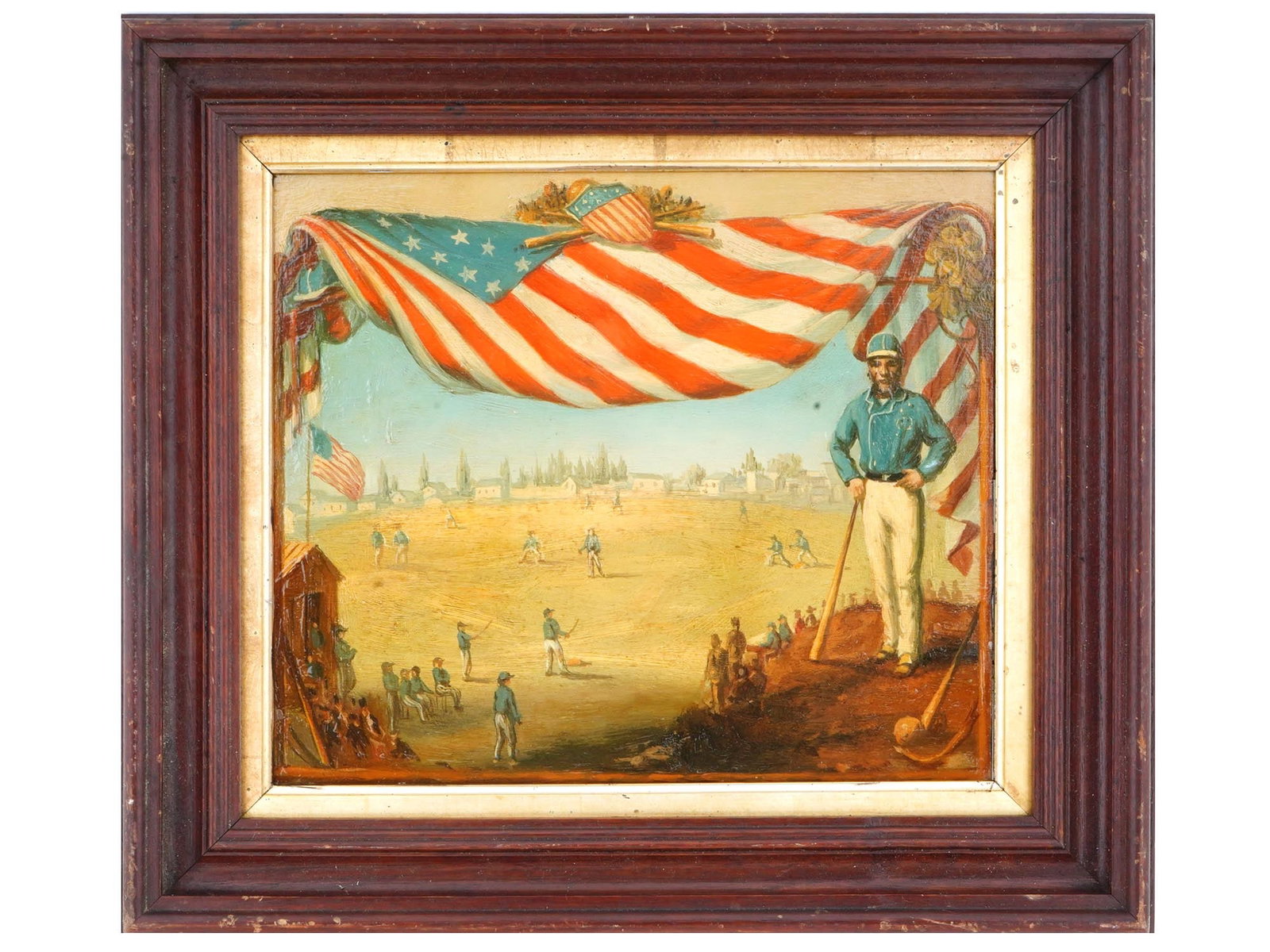 ANTIQUE AMERICAN OIL PAINTING BASEBALL GAME SCENE (1 of 3)