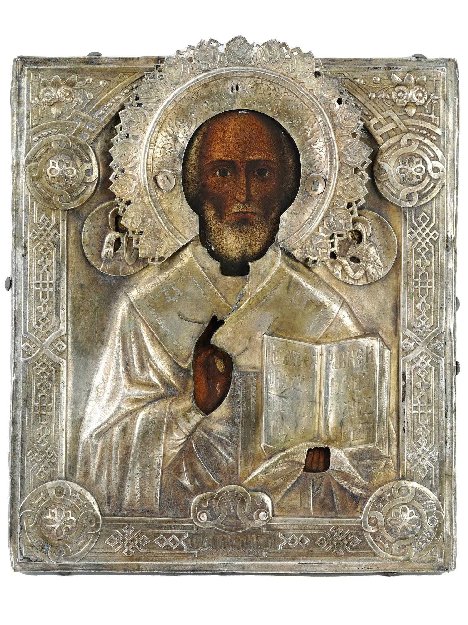 ANTIQUE RUSSIAN ORTHODOX ICON SAINT NICHOLAS IN OKLAD (1 of 4)
