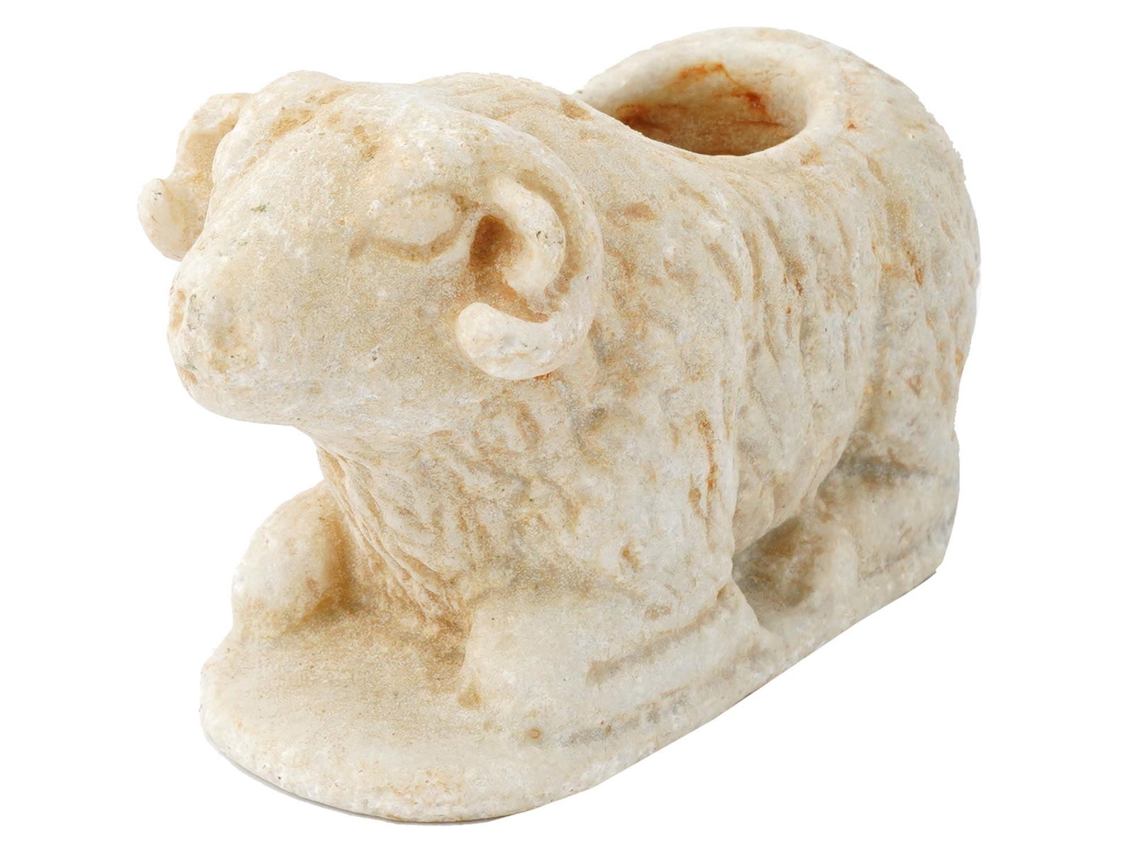 ANCIENT CARVED MARBLE LEANING RAM COSMETIC CONTAINER (1 of 7)