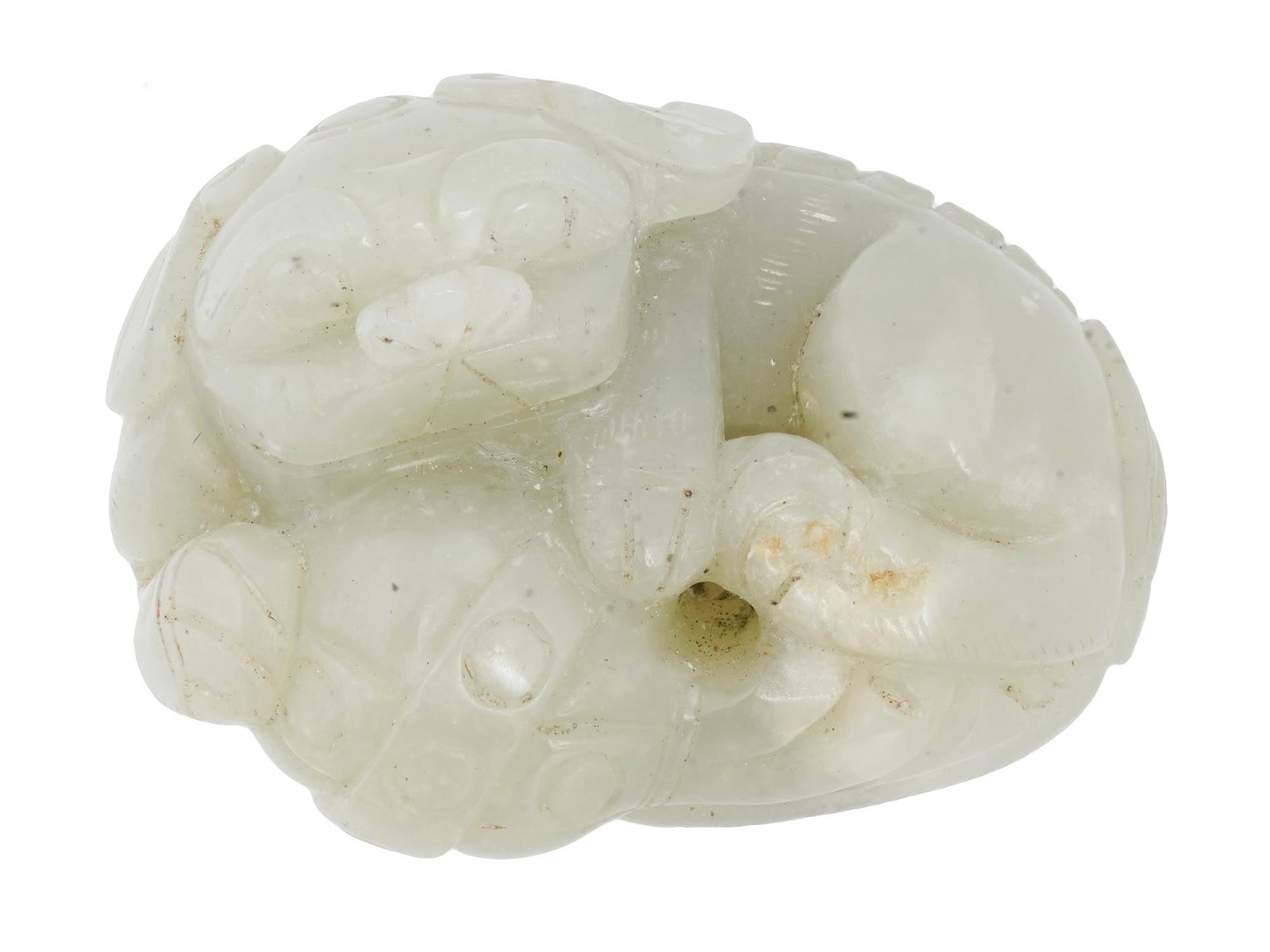 ANTIQUE JAPANESE LATE EDO CARVED JADE DOG NETSUKE (1 of 6)