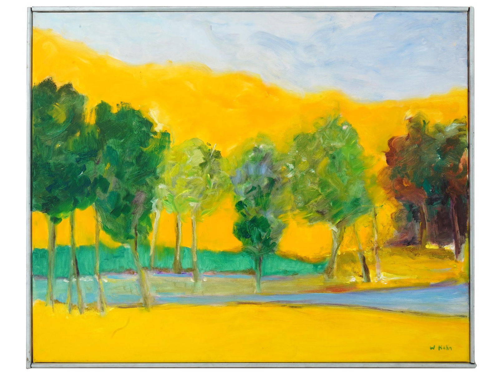 ATTR TO WOLF KAHN GERMAN LANDSCAPE OIL PAINTING: Attributed to Wolf Kahn, German, American, 1927 to 2020, oil painting on canvas depicting a forest landscape, 1985. Signed lower right. Framed. An original paper label of the Nina Freudenheim Gallery,