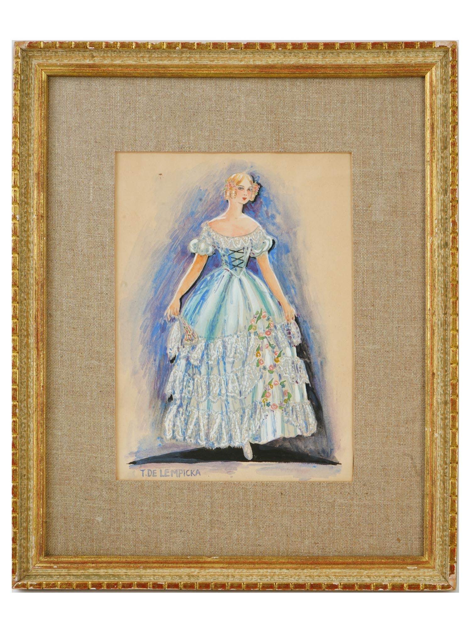 POLISH MIXED MEDIA PAINTING BY TAMARA DE LEMPICKA: Tamara de Lempicka, Polish, 1898 to 1980, a sketch mixed media painting on paper, probably a female costume design. Signed lower left. Framed. Tamara de Lempicka, was a Polish painter who spent her wo