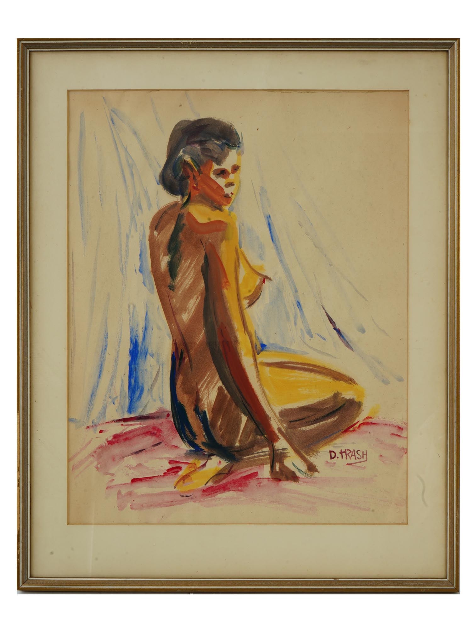AFRICAN AMERICAN WATERCOLOR PAINTING BY DOX THRASH: Dox Thrash, African American, 1893 to 1965, watercolor painting on paper depicting a portrait of a nude woman. Signed lower right. Circa: 1946. Framed. A paper label, inscribed, Dox Thrash 1946, on th