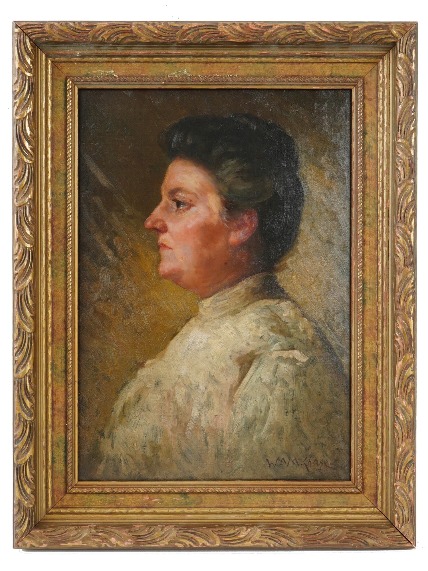 WILLIAM MERRITT CHASE PORTRAIT OIL PAINTING: William Merritt Chase, American, 1849 to 1916, oil painting on board depicting a portrait of a woman. Signed lower right. Framed. William Merritt Chase was an American painter, known as an exponent of
