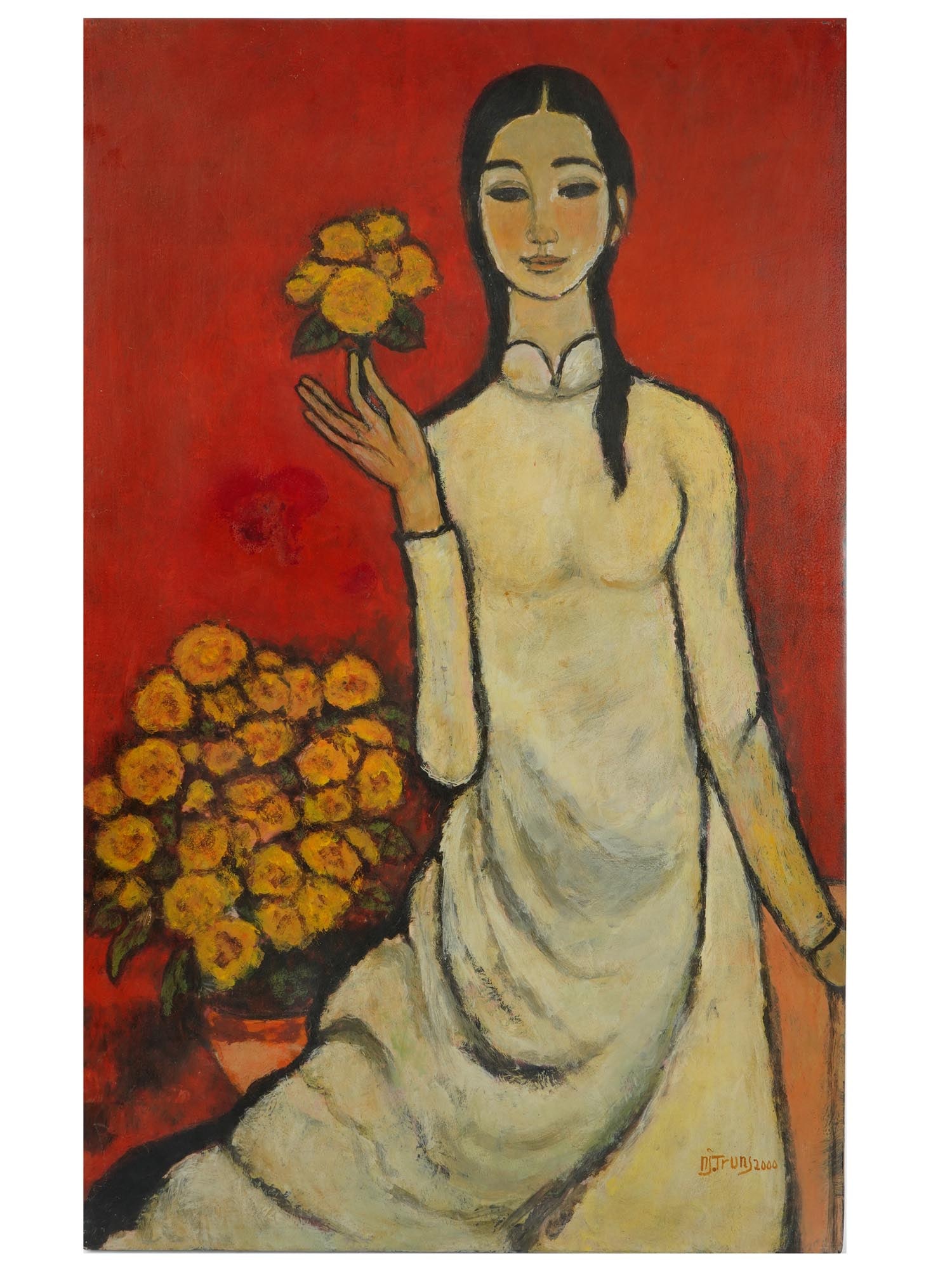 VIETNAMESE ATTR TO NGUYEN TRUNG PORTRAIT PAINTING: A vintage lacquer portrait painting on board attributed to Vietnamese artist Nguyen Trung, born 1940. Circa the late of 20th century. The fine painting depicts a beautiful, sophisticated girl in a lon