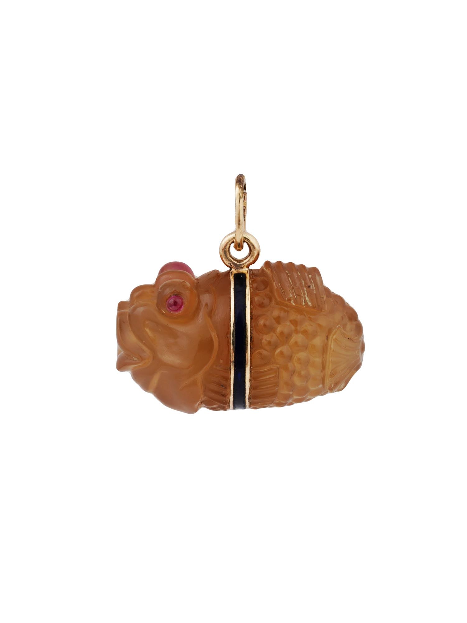 RUSSIAN GOLD ENAMEL RUBY CARVED AGATE FISH PENDANT (1 of 6)