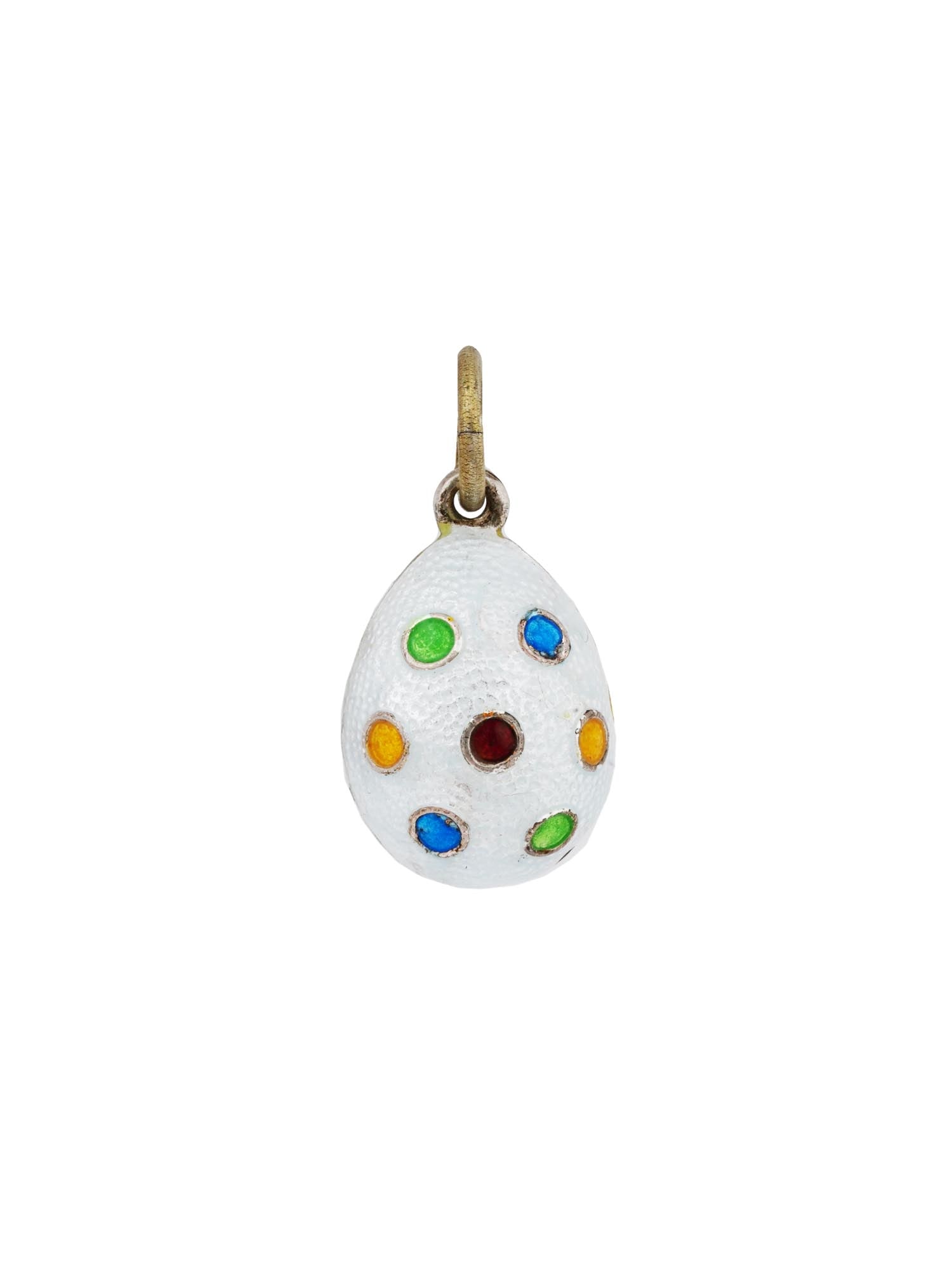 RUSSIAN 88 SILVER GUILLOCHE ENAMEL EGG PENDANT: A Russian silver egg shaped pendant. The surface of the item is covered with white Guilloche enamel and has a polychrome dot design. Hallmark of 88 Russian silver standard and makers mark are on the s