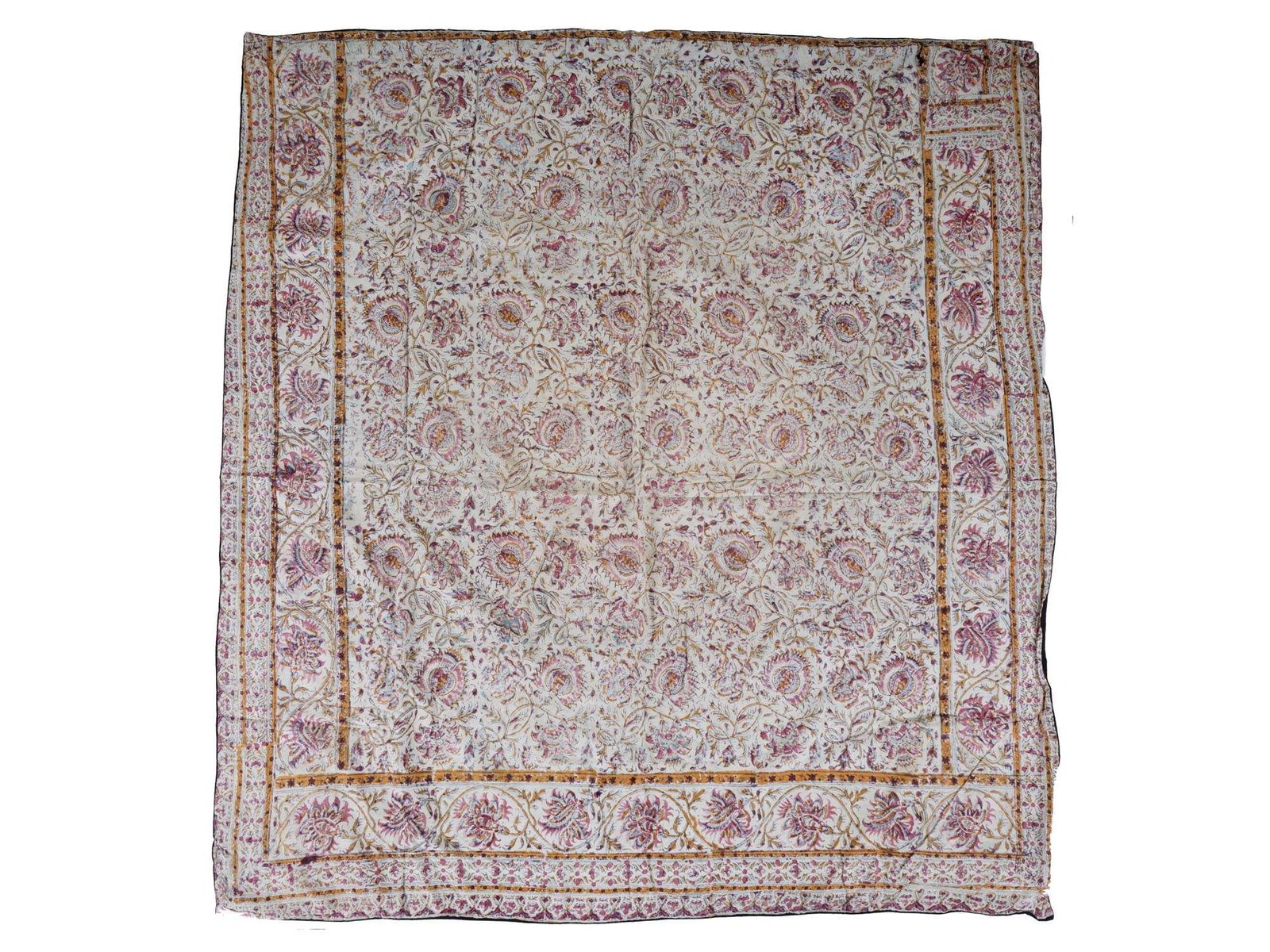 CLASSIC ANTIQUE PERSIAN KALAMKARI COTTON TEXTILE: An antique Persian Kalamkari cotton textile. The textile is adorned with traditional polychrome floral, foliage, and paisley patterns. Circa: late 19th century to early 20th century. Kalamkari or chit