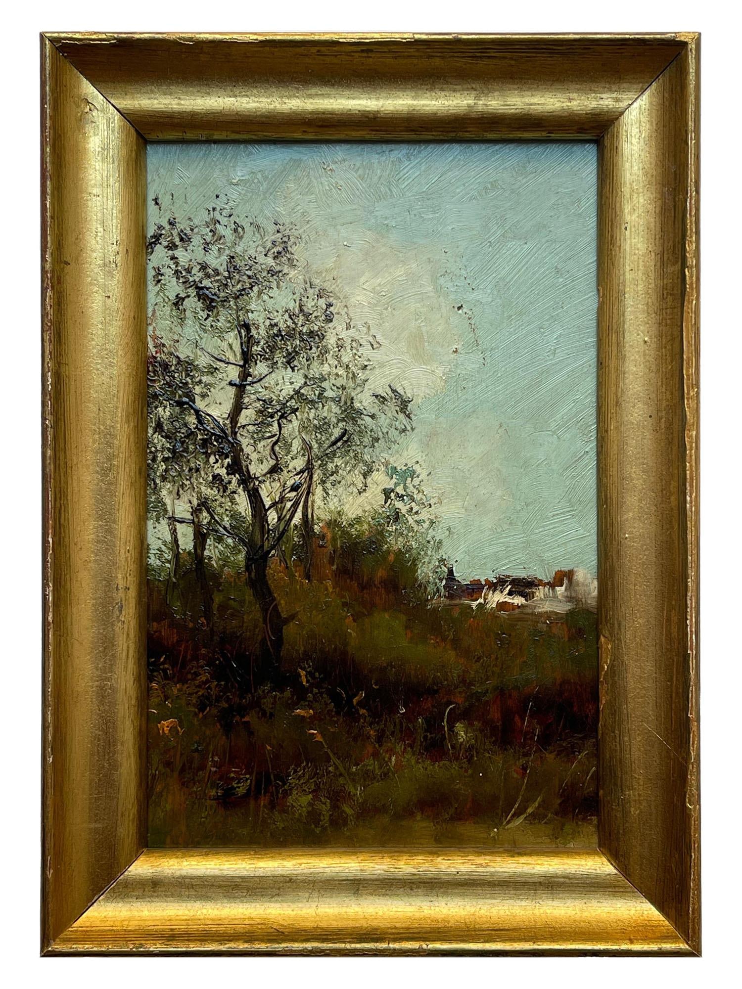 ANTIQUE CIRCLE OF COROT BARBIZON SCHOOL OIL PAINTING: An antique oil on cardboard painting depicting a forest landscape by a Barbizon impressionist painter, circle of Camille Corot, 1796 to 1875. Inscribed in Spanish verso: Un abrazo de sus hermanos Mari