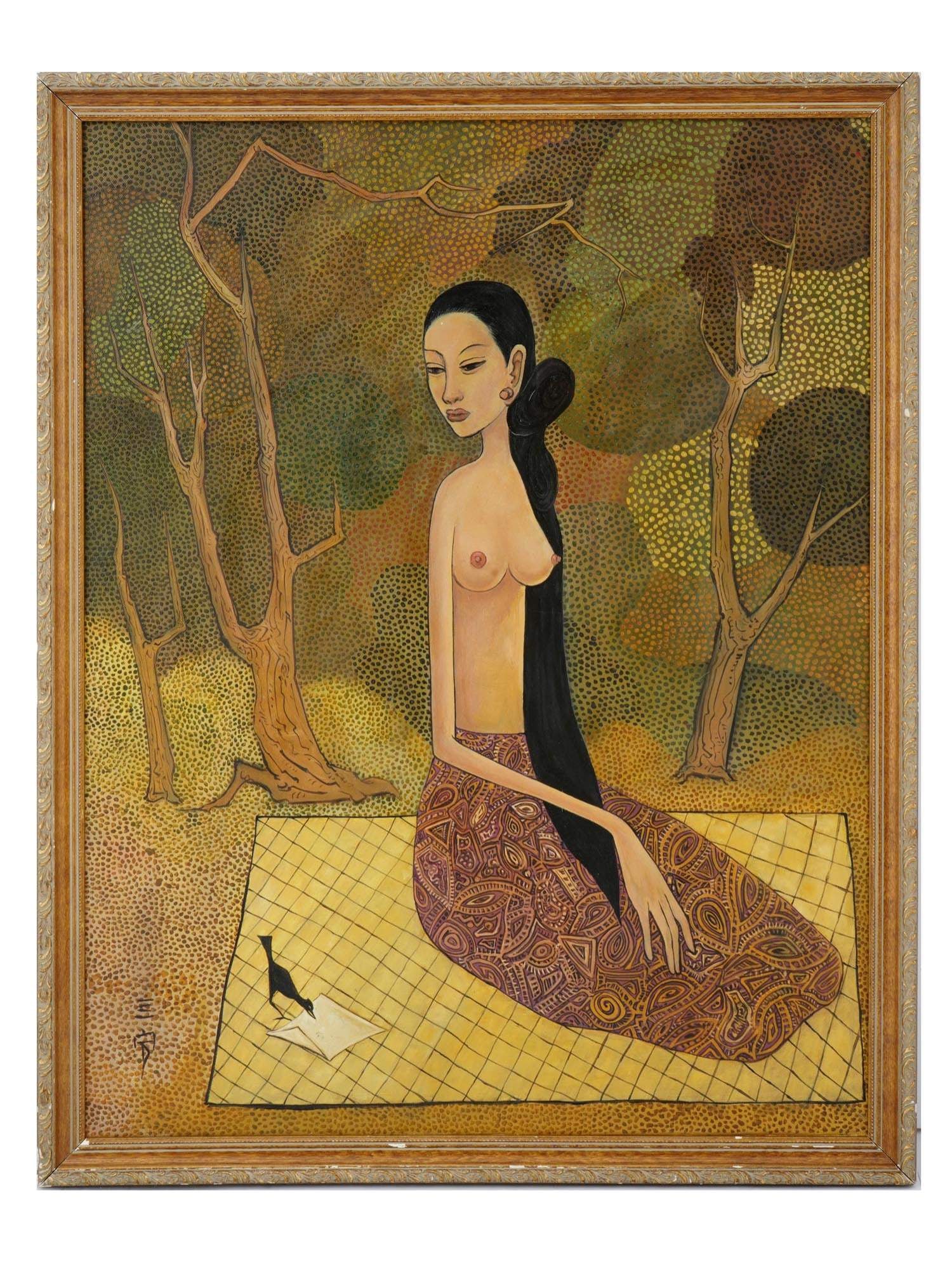 ATTR TO SOO PIENG CHEONG CHINESE NUDE OIL PAINTING: Attributed to Soo Pieng Cheong, Chinese, 1917 to 1983, an oil painting on canvas depicting a portrait of a seated semi nude woman in a bird in a landscape, 1978. Signed with Calligraphy, lower left. F