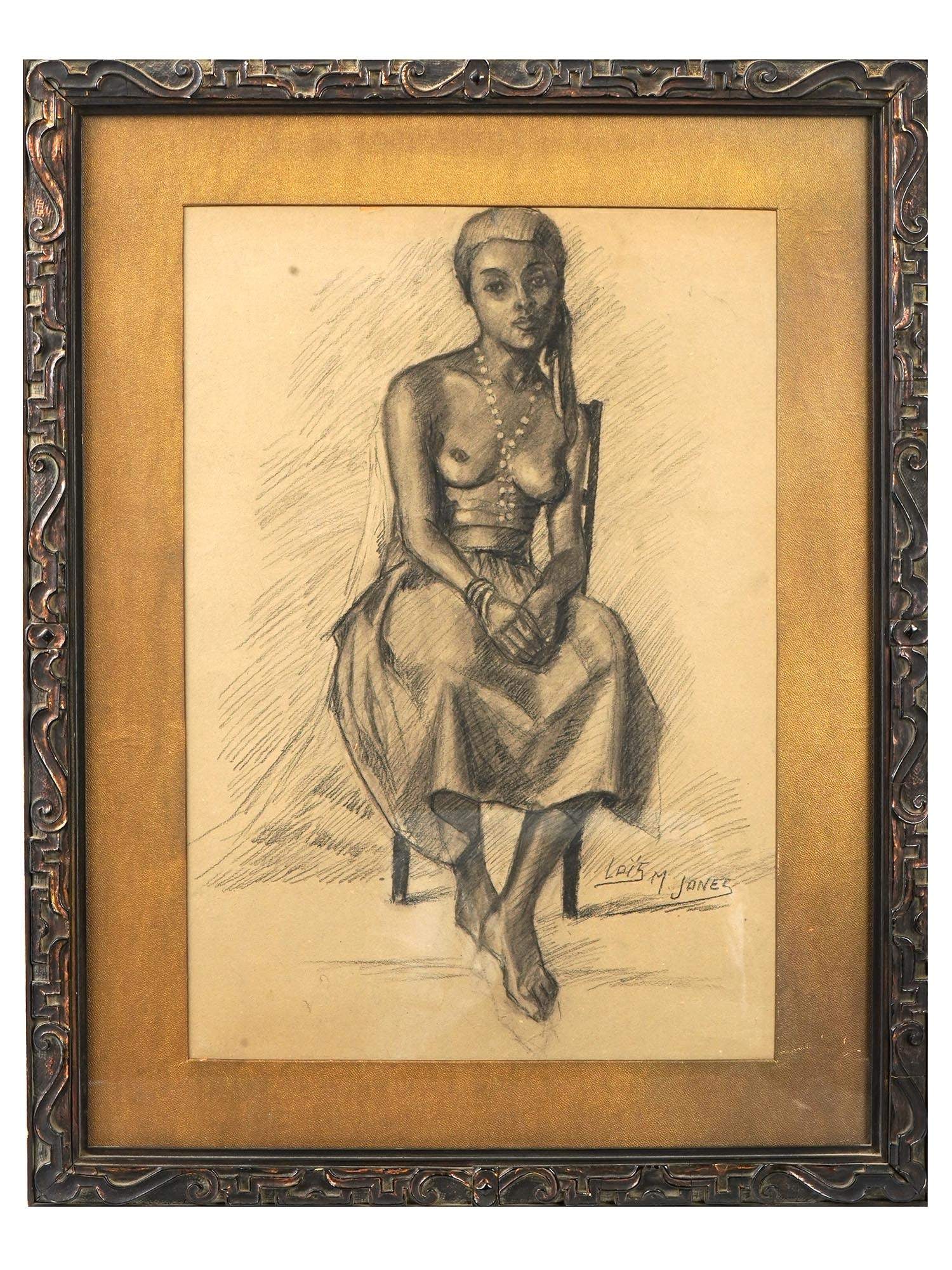 LOIS MAILOU JONES AMERICAN CHARCOAL PORTRAIT PAINTING: Lois Mailou Jones, American, 1905 to 1998, charcoal painting on paper depicting a portrait of a semi nude woman. Signed lower right. Framed. Lois Mailou Jones was an American artist and educator, know