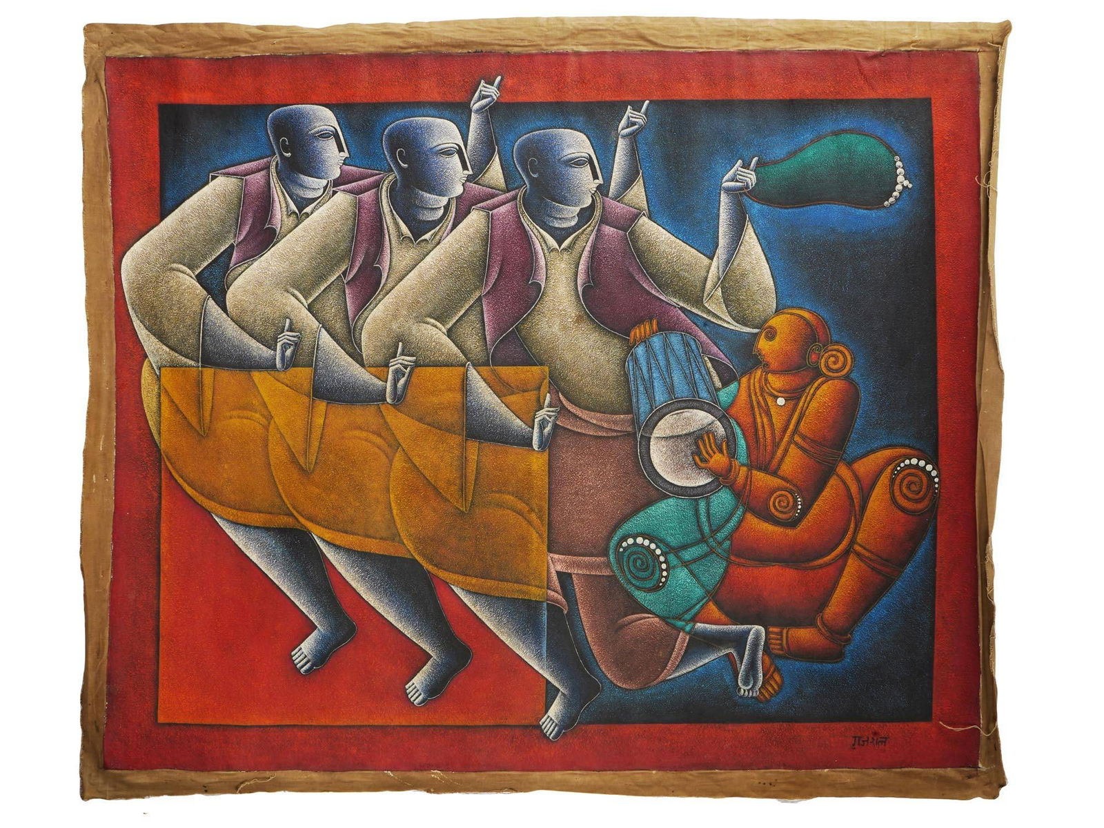 ATTRIBUTED TO SATISH GUJRAL INDIAN OIL PAINTING: Attributed to Satish Gujral, Indian, 1925 to 2020, oil painting on canvas depicting a figurative genre dance scene. Signed lower right. Additionally inscribed, on the backside. Satish Gujral was an In