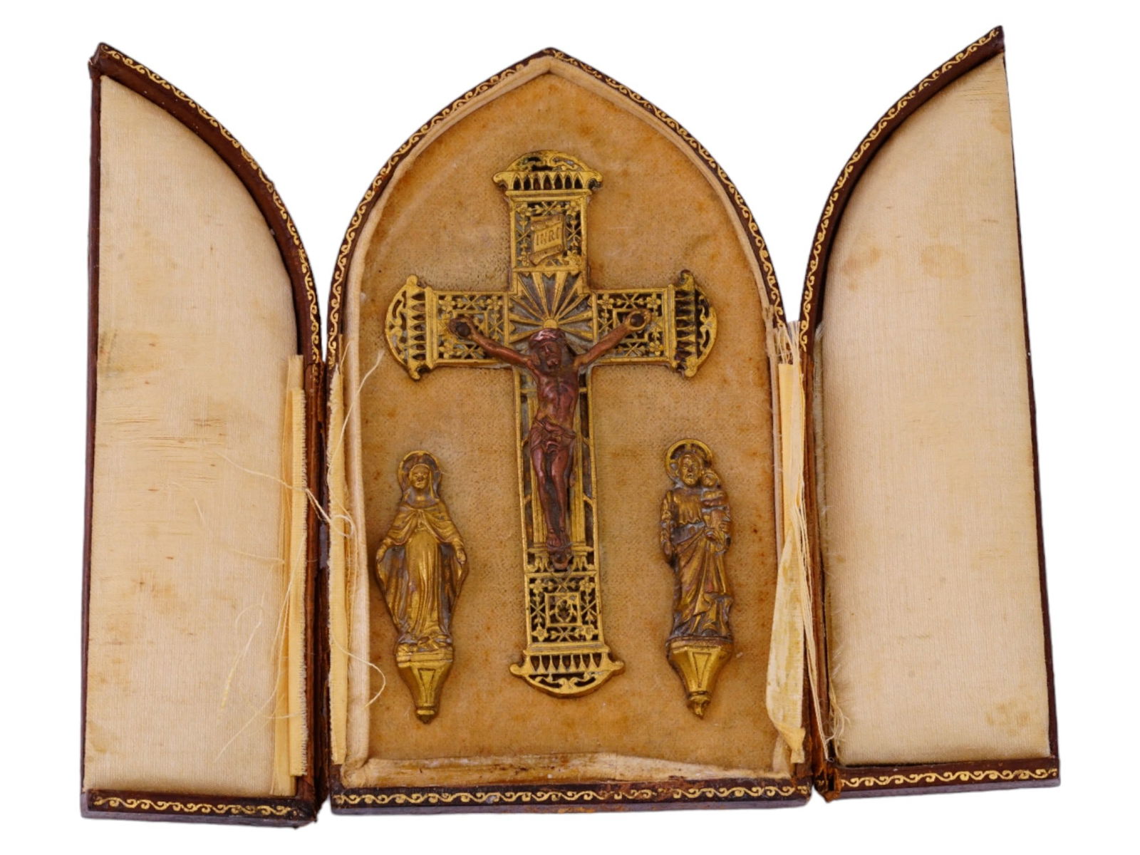 ANTIQUE 19TH C FRENCH LEATHER BRASS TRIPTYCH ICON (1 of 5)