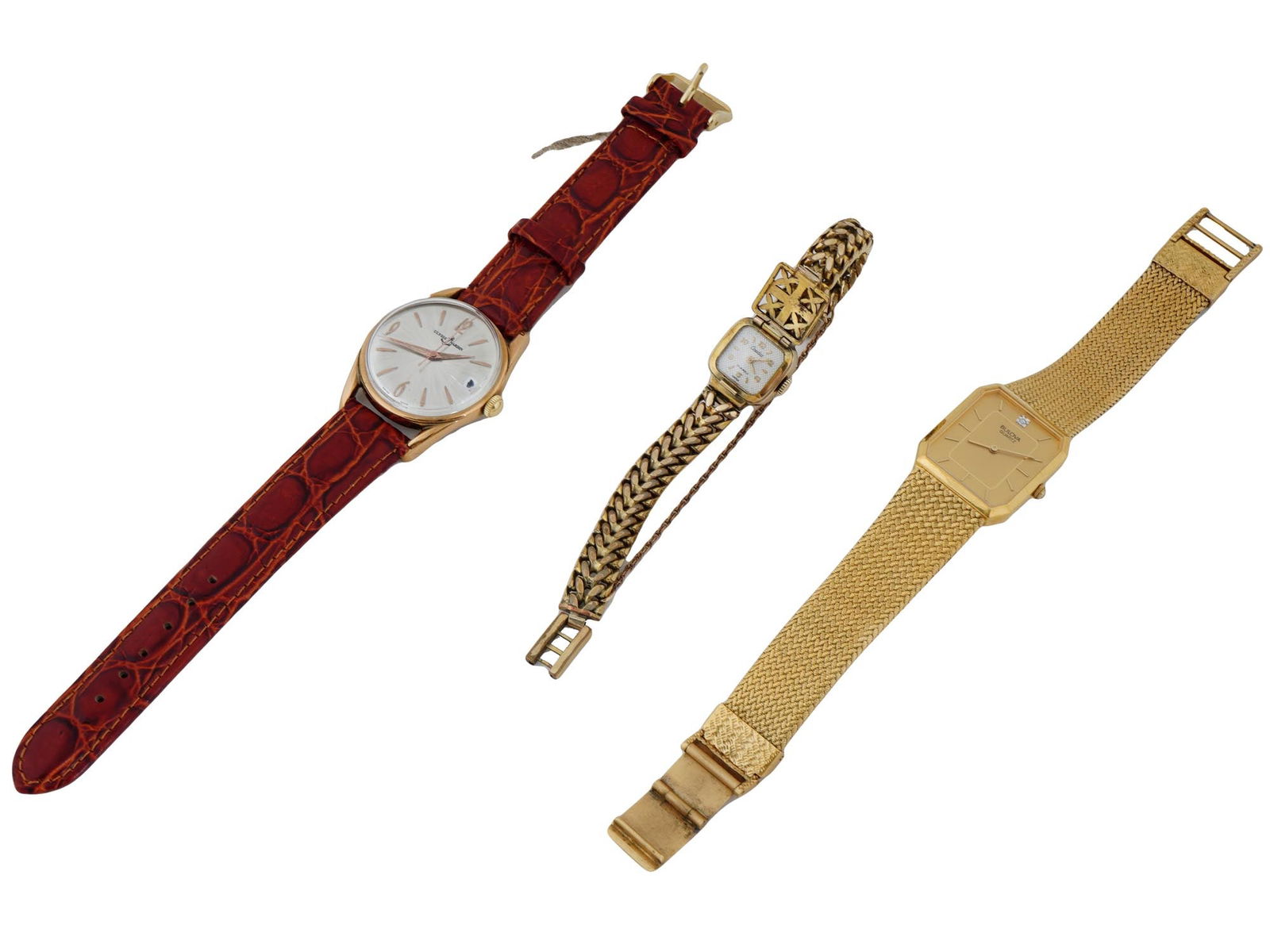 SWISS VINTAGE STAINLESS STEEL LADY WRIST WATCHES: A lot of vintage stainless steel lady wristwatches with genuine leather and link bracelets. The total of 3 items including Swiss watches: Bulova quartz P5, 1985. Ulysse Nardin, and 17 Jewels an unusua