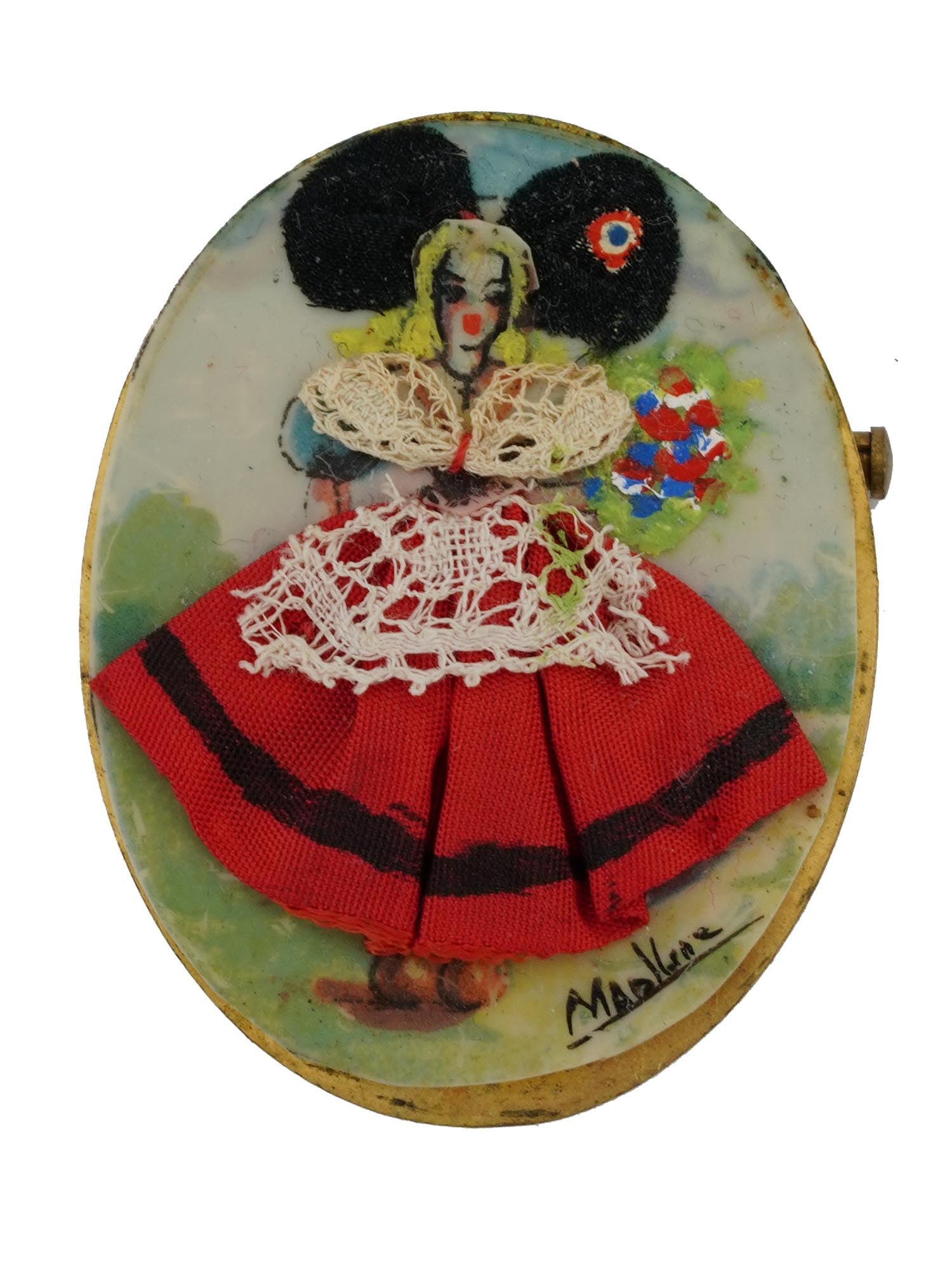 FRENCH DEPOSE PARIS DOLL ENAMEL FABRIC BROOCH (1 of 4)