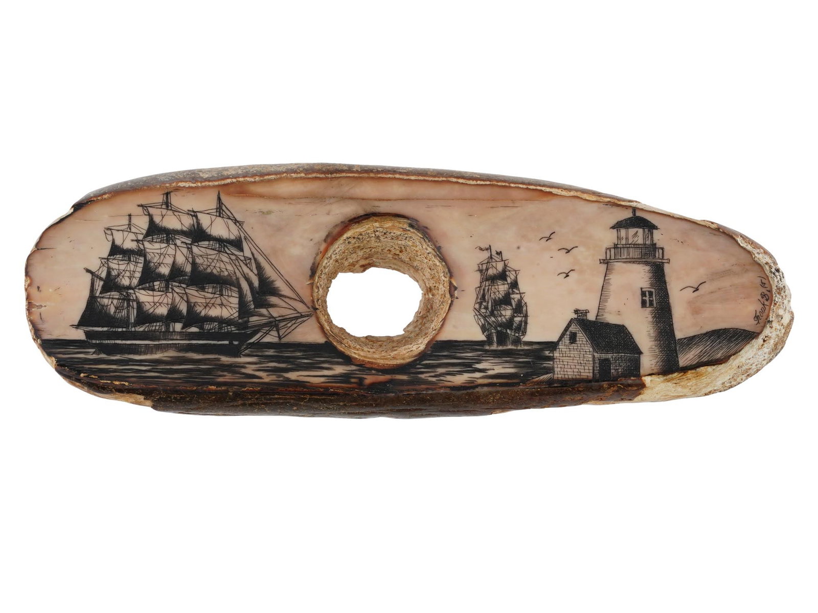 ANTIQUE AMERICAN SCRIMSHAW ARTWORK W SAILING SHIPS: An antique American scrimshaw artwork. Circa early to mid 20th century. Oval shaped natural material with a through hole in the middle. Hand etched depiction of spectacular sailing ships at sea and a 