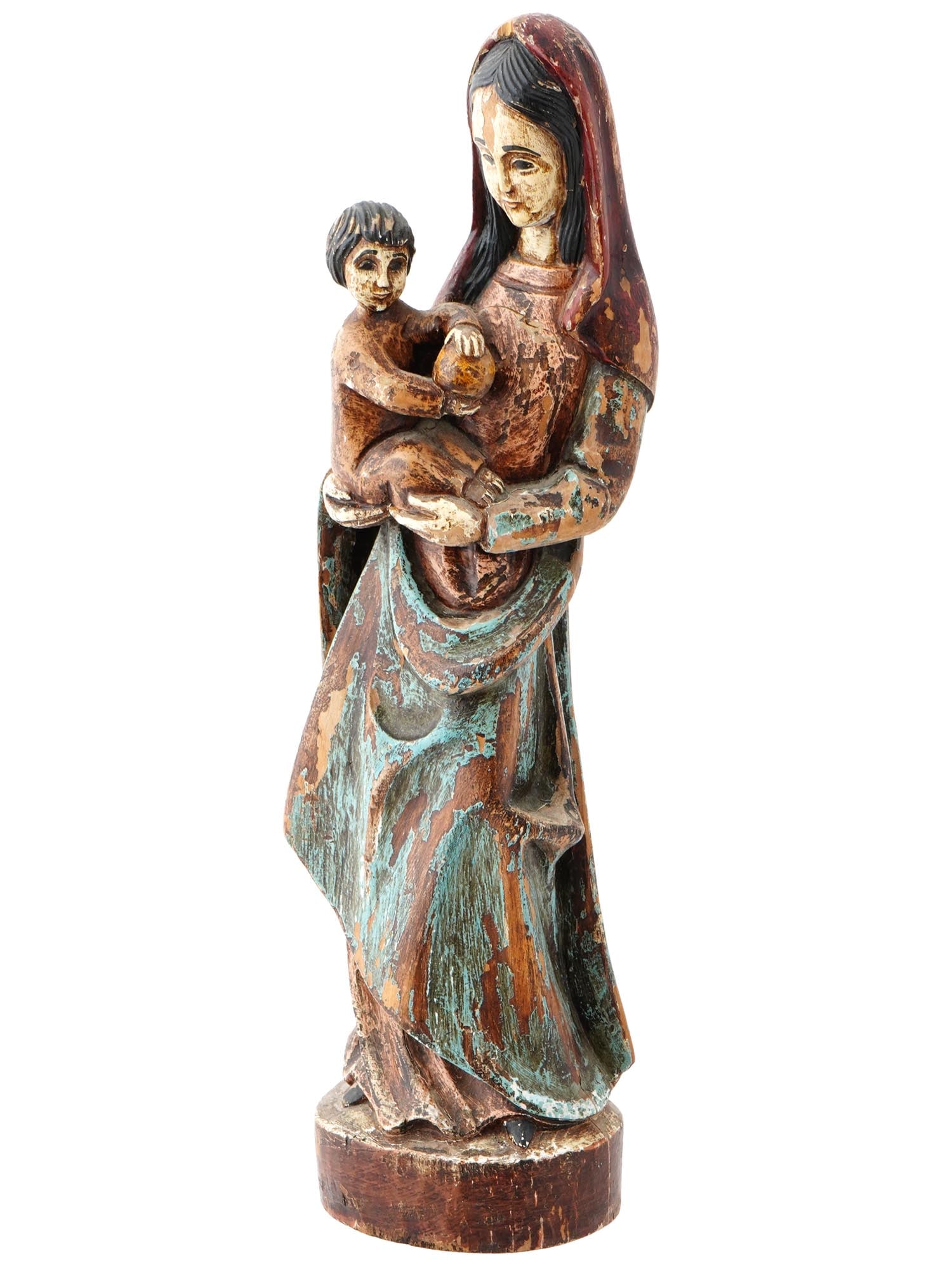 ANTIQUE SPANISH VIRGIN MARY WOODEN PAINTED SCULPTURE: An antique hand crafted wooden sculpture of the Virgin Mary holding the baby Jesus, most likely of Spanish origin. Circa 17th to 18th century. The Virgin Mary is depicted wearing a long robe of the tr