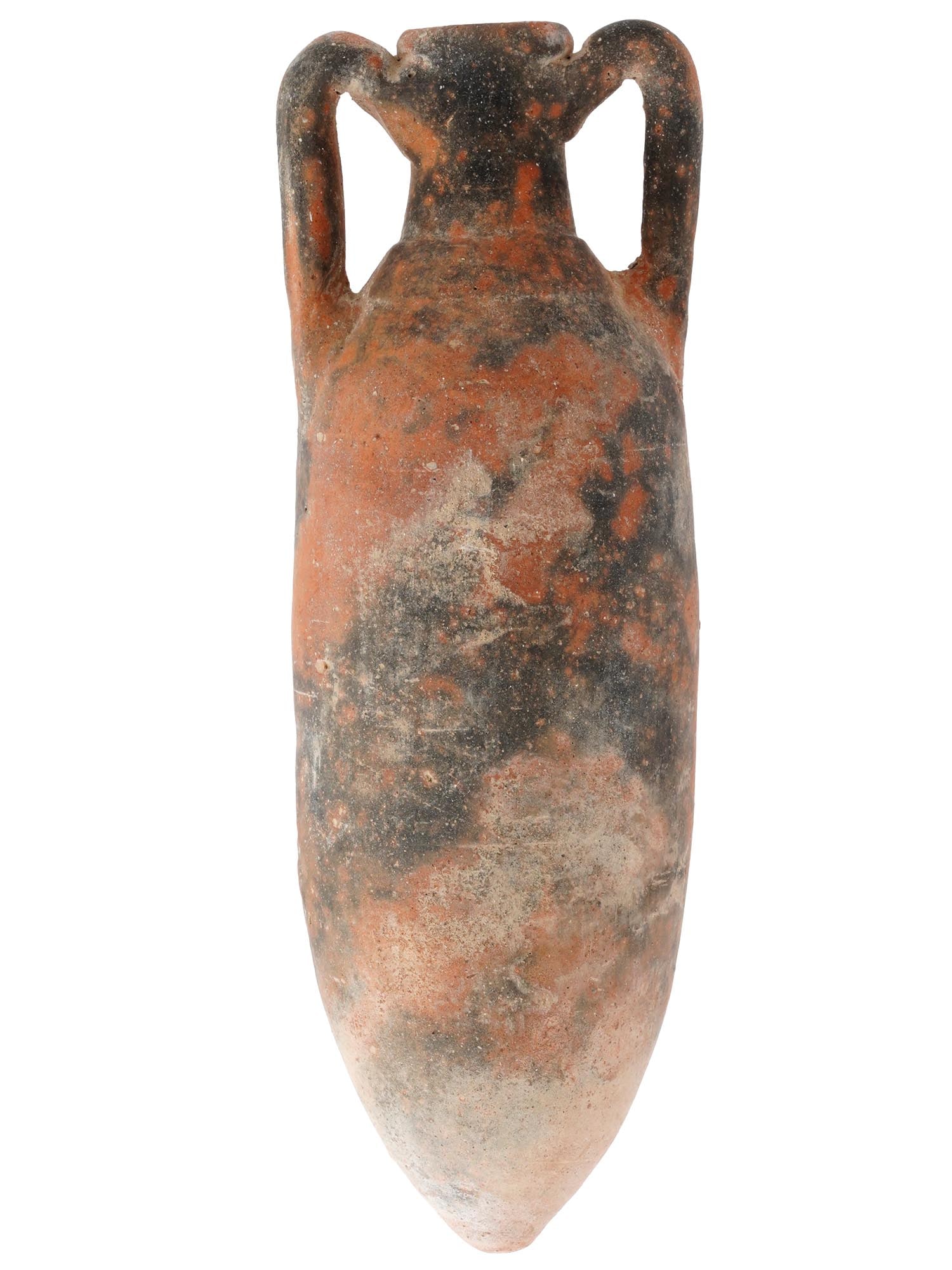 ANCIENT TERRACOTTA AMPHORA SHAPED WINE JAR: An ancient terracotta amphora wine jar. A cone amphora shaped jug is adorned with an elongated oval body and a short neck. Decorated with two handles. The surface is made of red and black. Ancient Pot