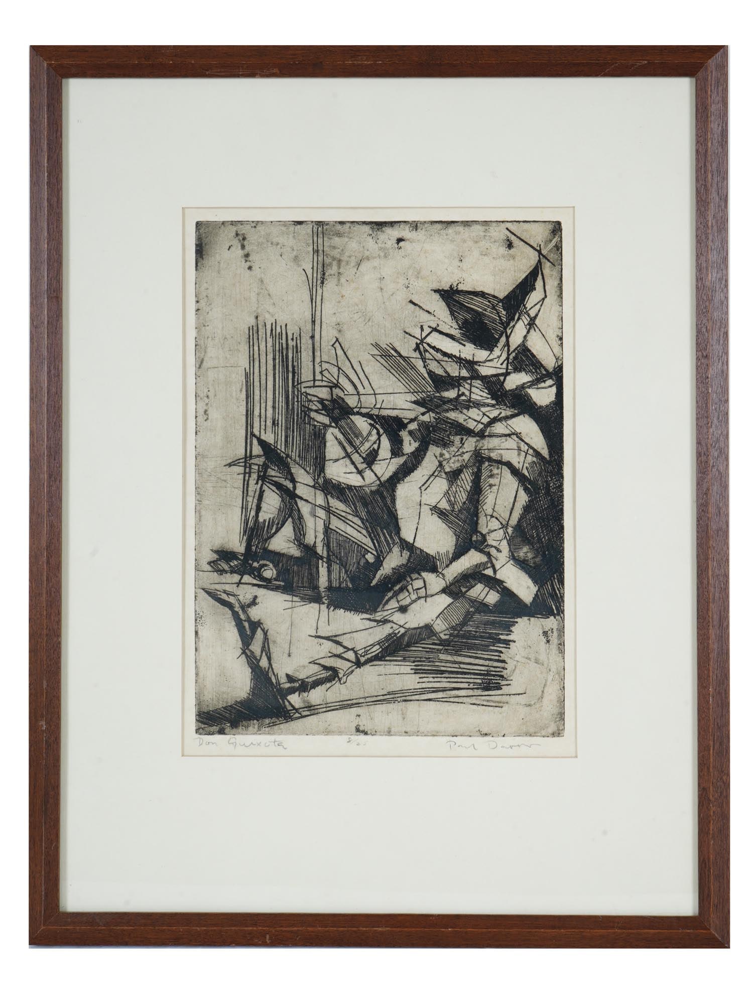 DON QUIXOTE PORTRAIT ETCHING SIGNED BY THE ARTIST: A limited edition etching on paper, Don Quixote. Signed by the artist in pencil, probably Paul Daren or Darel, lower right. Titled in pencil, lower left. Numbered in pencil, 8 of 25, lower to the cent