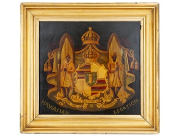 ANTIQUE HAWAIIAN ROYAL COAT OF ARMS OIL PAINTING